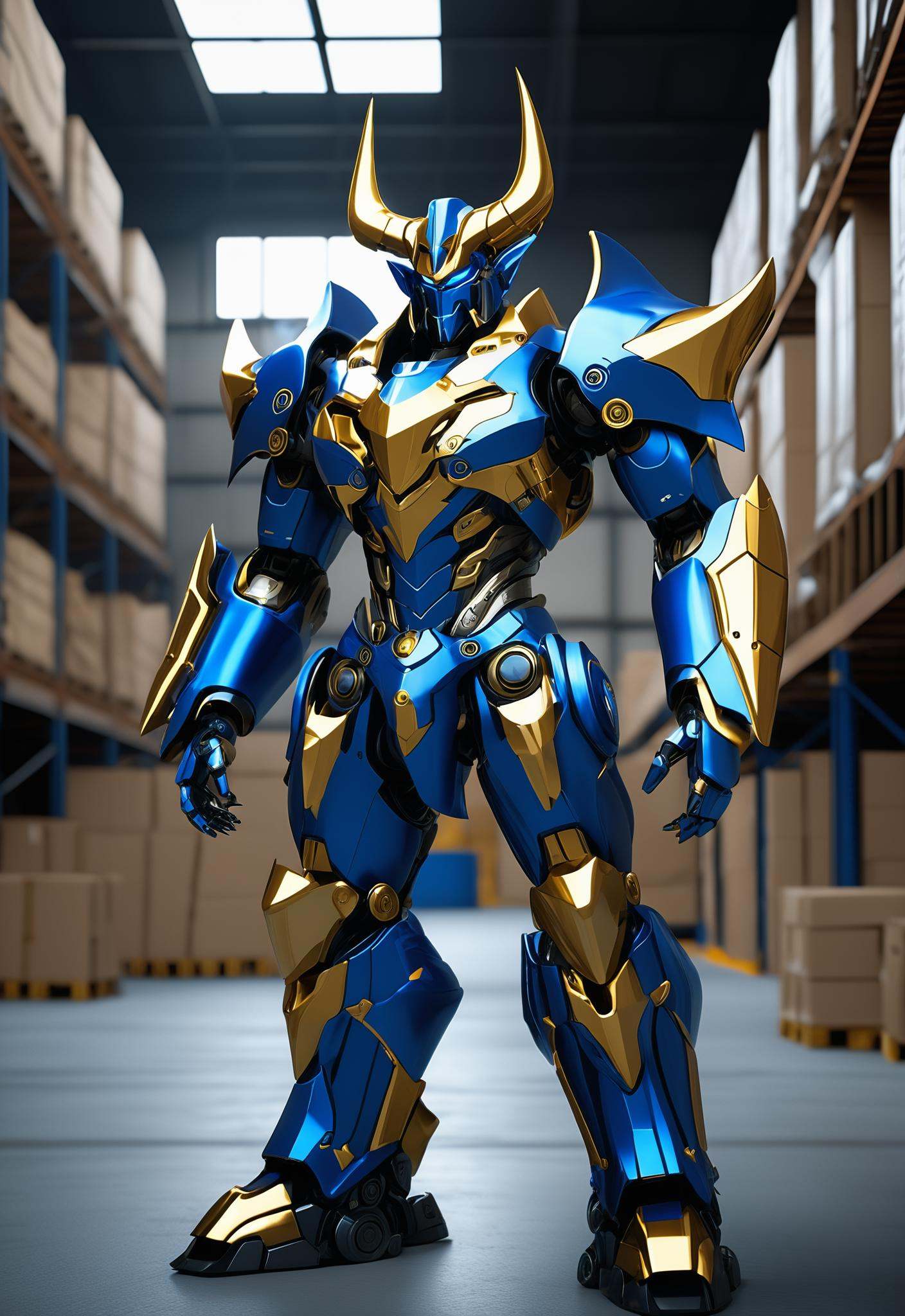 the devil demon mech warlord is standing in a warehouse,  in the style of rendered in unreal engine,  sleek metallic finis...