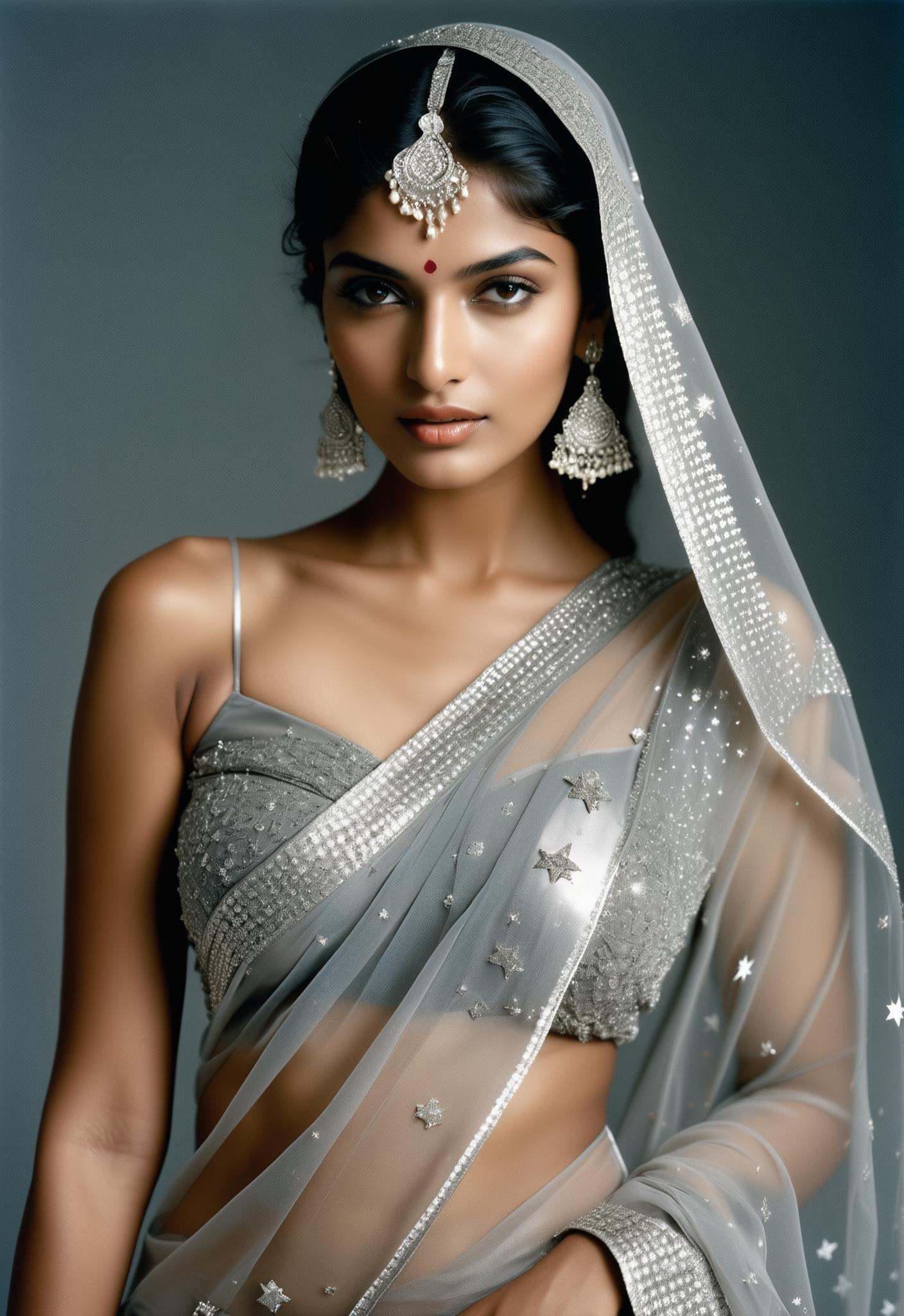 Medium format Film Photograph of an indian model wearing a Saari made of silver stars,  styled like a high fashion photosh...