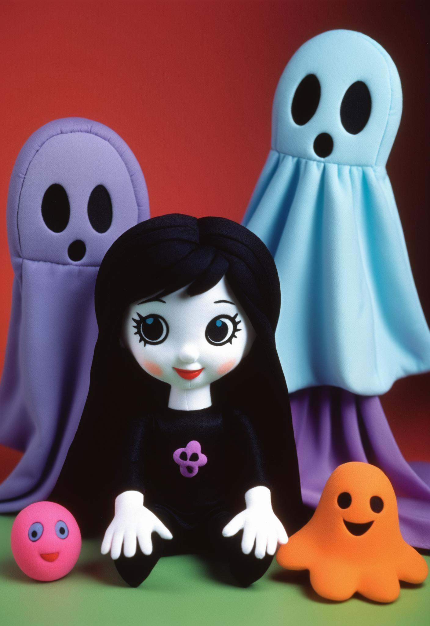 claymation characters plush puppet long haired neon ghosts and goth girl full colour magazine photo 1965 on Tensor.Art