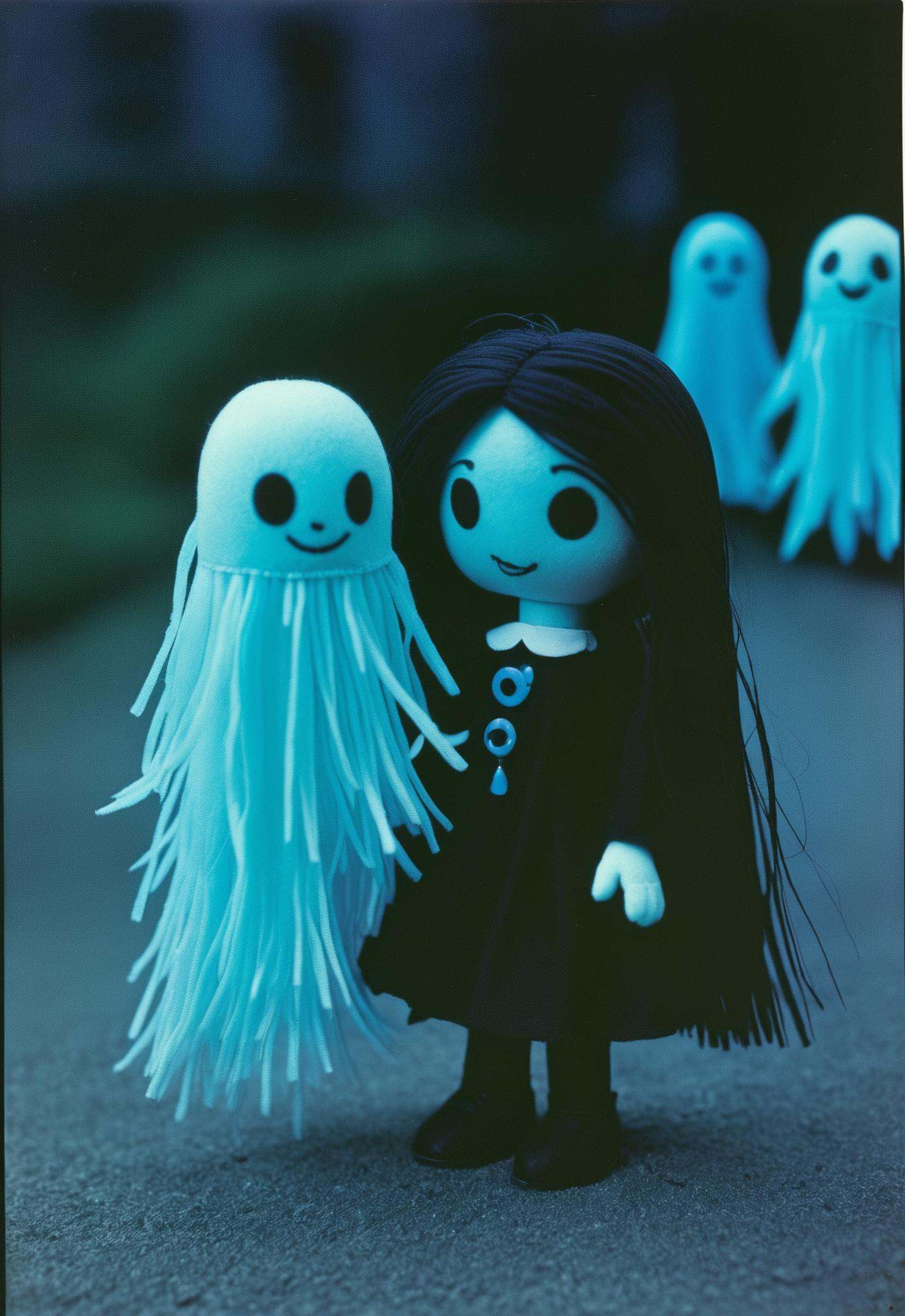 claymation characters plush puppet long haired neon ghosts and goth girl full colour magazine photo 1965 on Tensor.Art