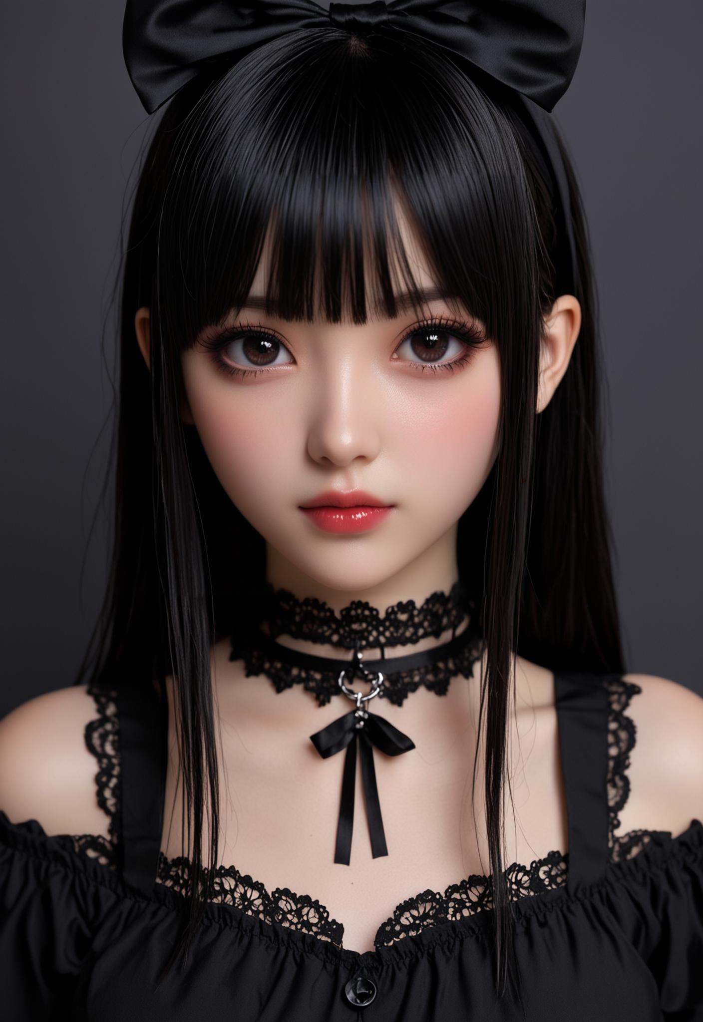 a cute girl with black hair and bangs,  wearing gothic ,  choker necklace around neck on Tensor.Art