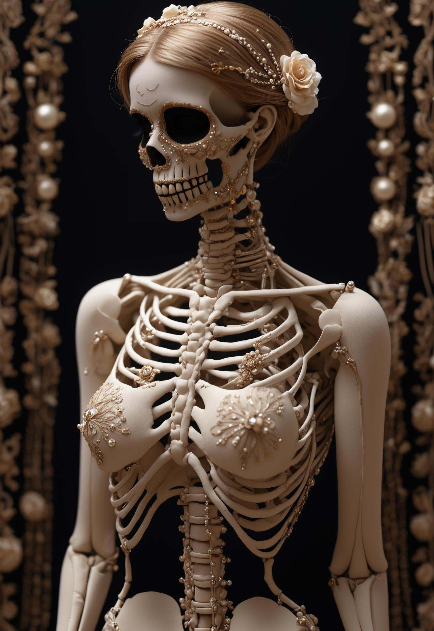 female model in beautiful anatomical embroidery of skeleton torso,  fashion concept,  highly detailed on Tensor.Art