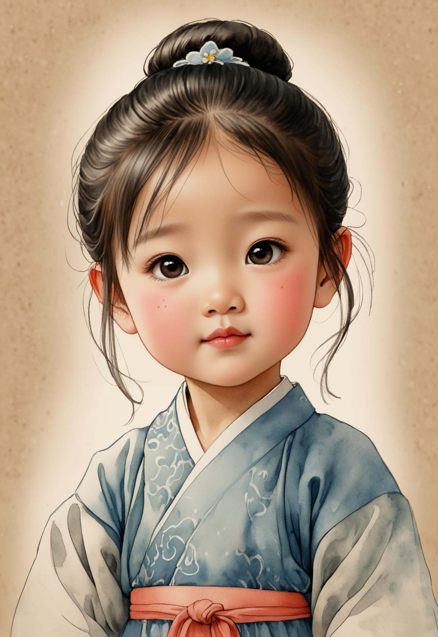 Hand-drawn watercolor illustration,  a little girl from the Tang Dynasty in China,  3 years old on Tensor.Art