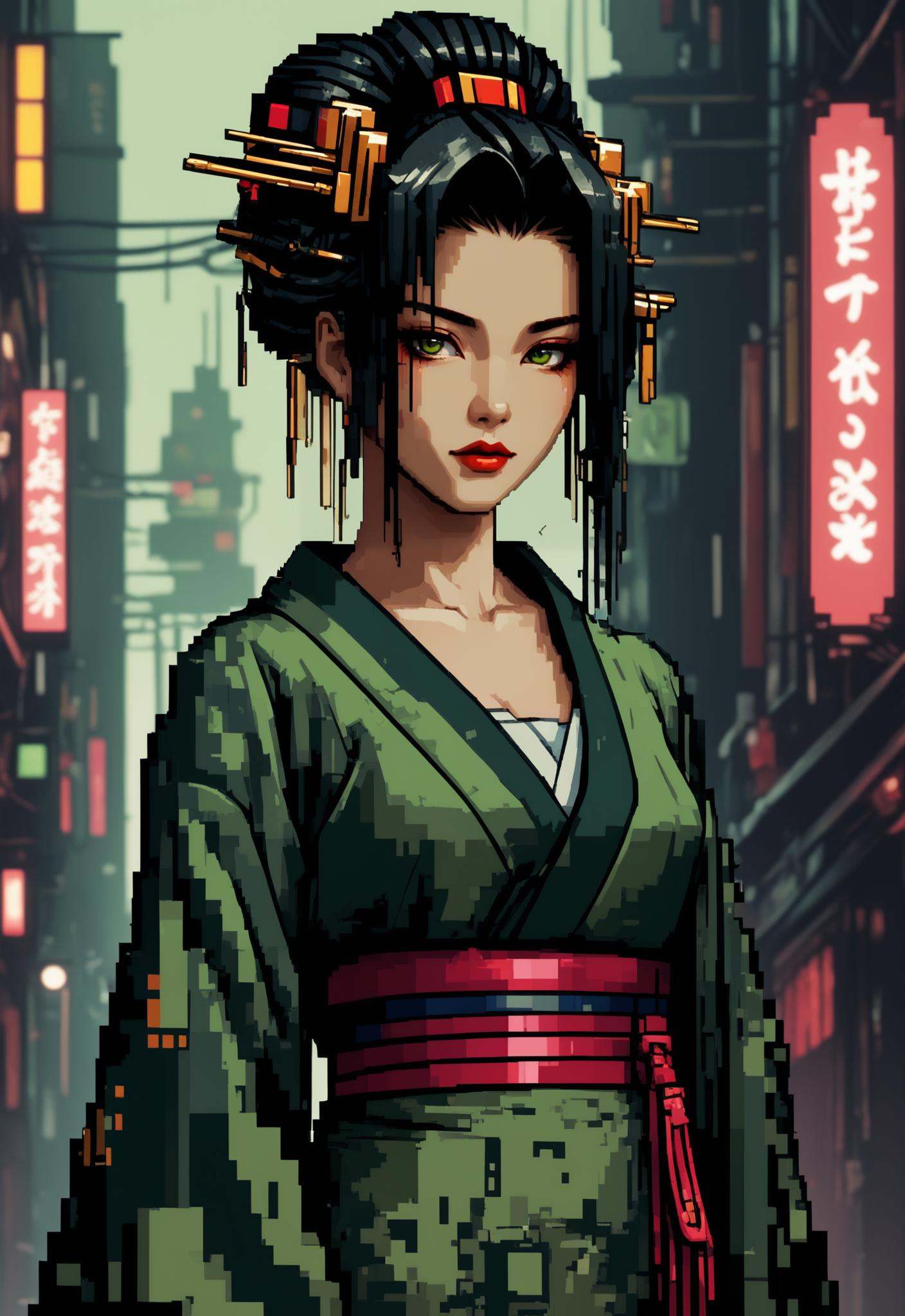 beautiful charming geisha in cyberpunk style,  8bit pixel art with greenish feeling on Tensor.Art