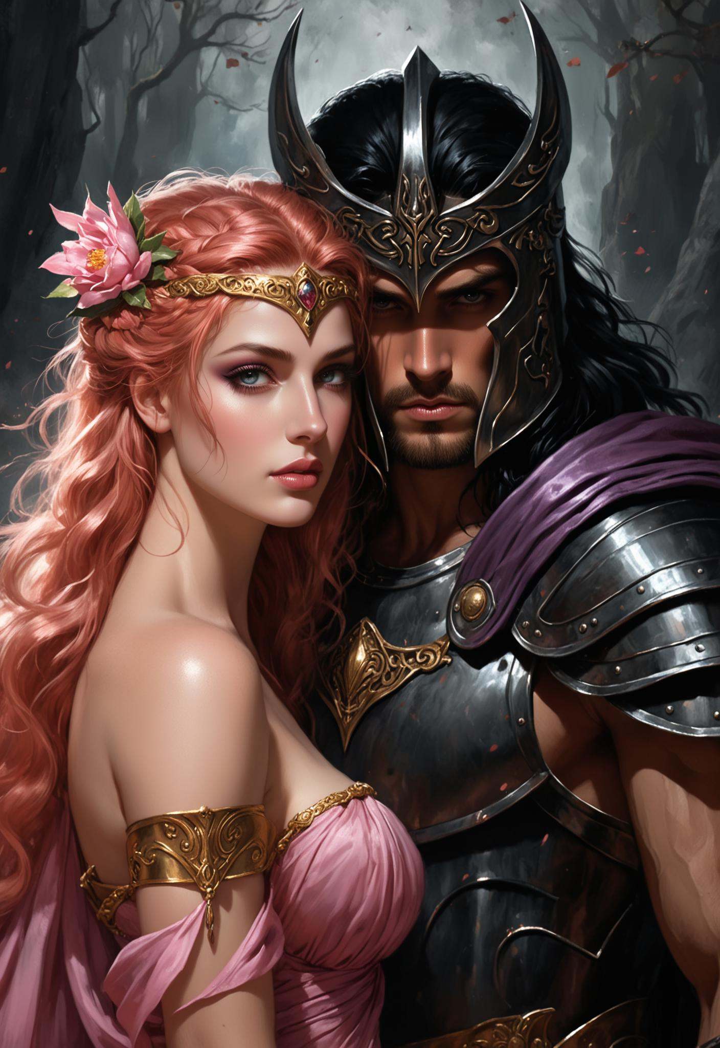 Pastel drawing Persephone and Hades Portrait,  Love in Darkness ,  Greek Mythology goddess of wisdom on Tensor.Art