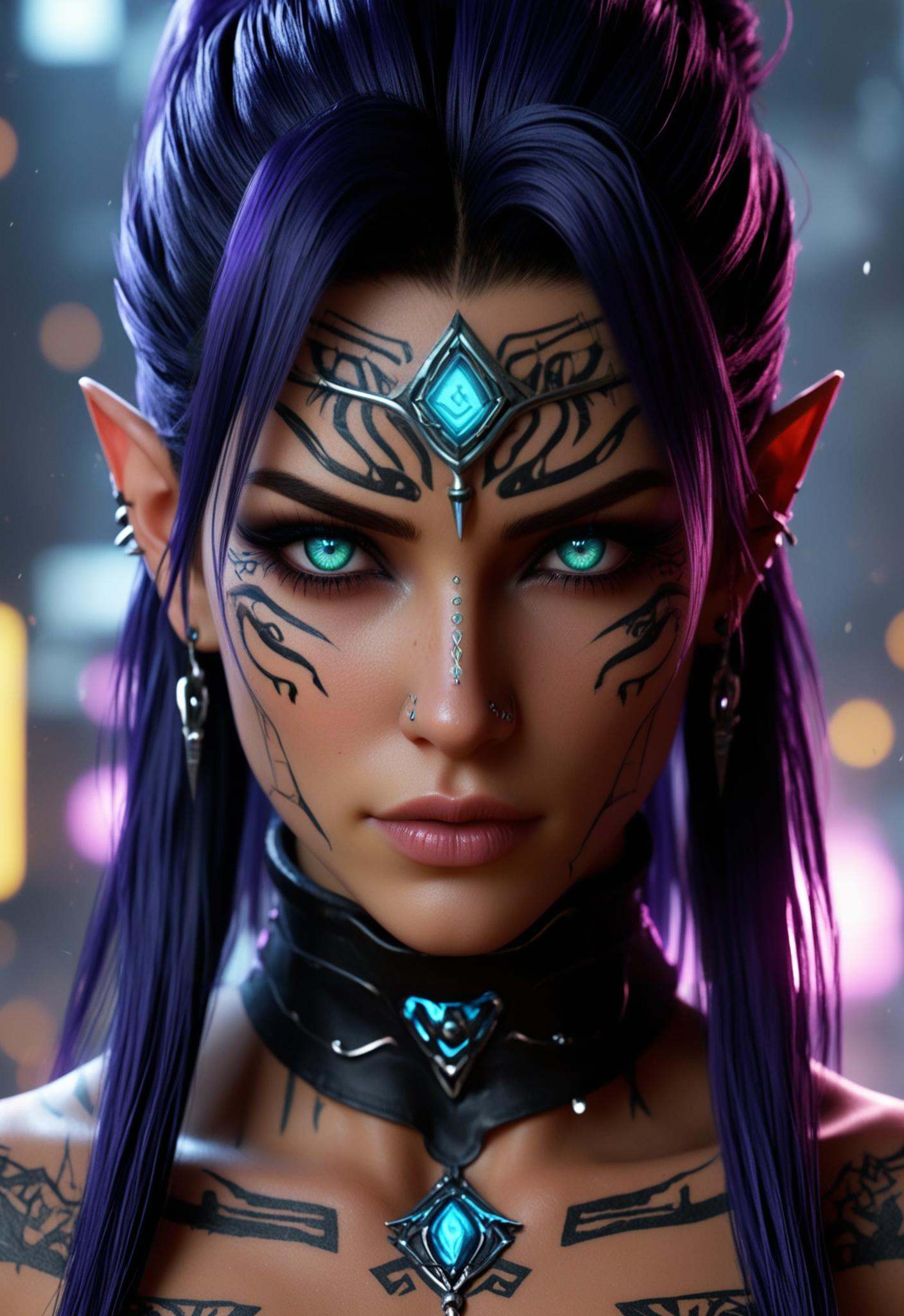 photo of a cyberpunk barbarian Battlecore woman with glowing opalescent third eye,  highly detailed glowing Elvish runes t...