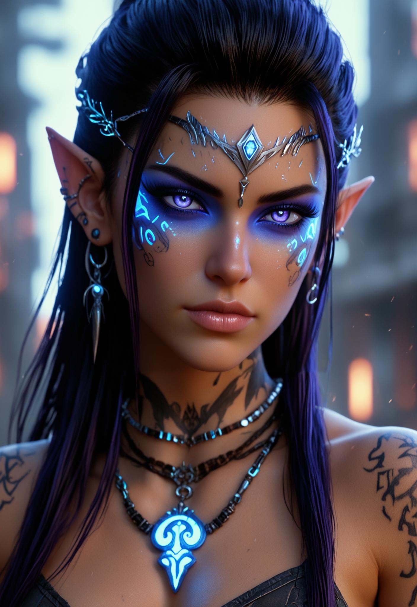 photo of a cyberpunk barbarian Battlecore woman with glowing opalescent third eye,  highly detailed glowing Elvish runes t...