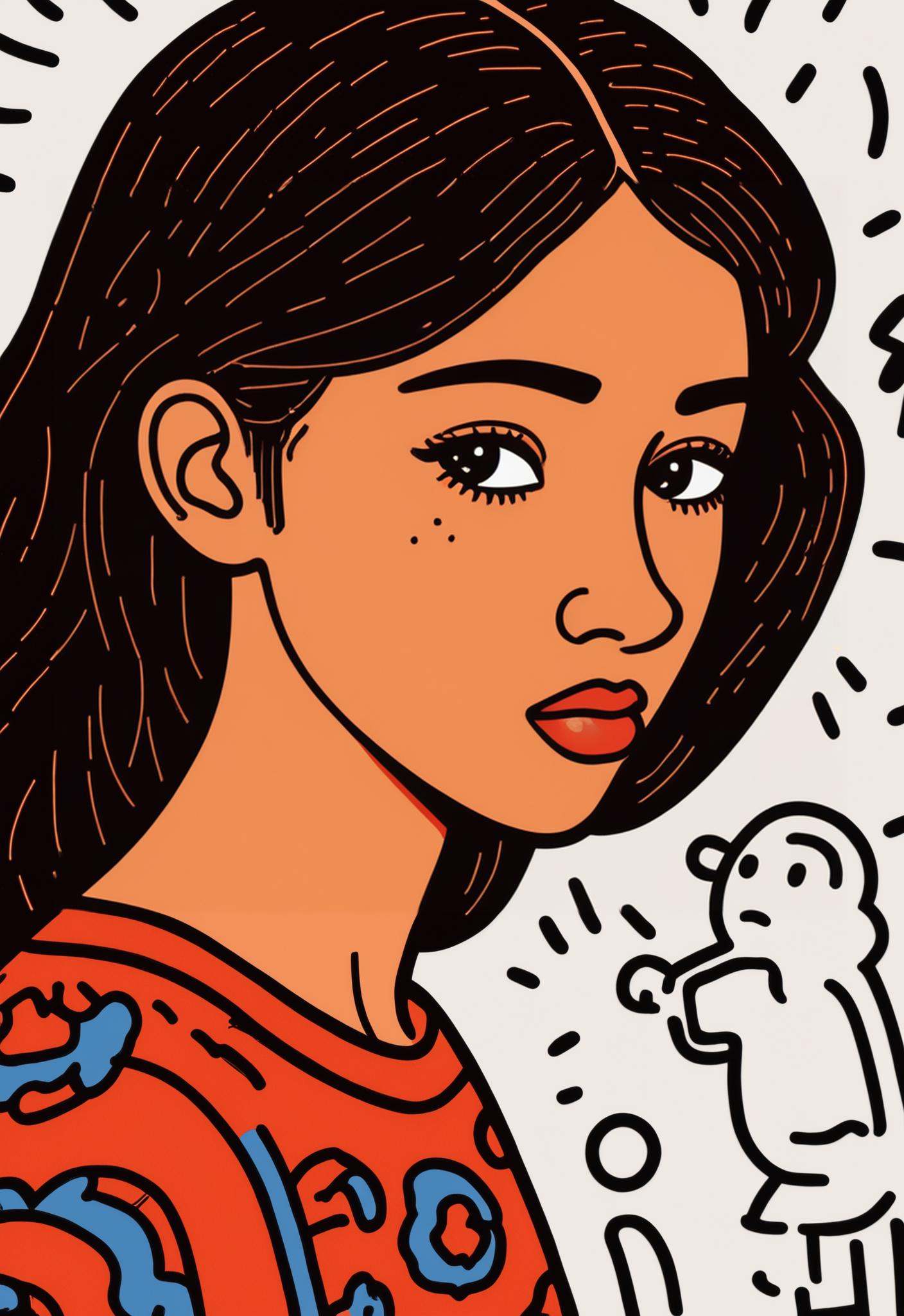 A girl quietly recalls the past,  a sad gleam in her eyes,  doodle in the style of Keith Haring on Tensor.Art
