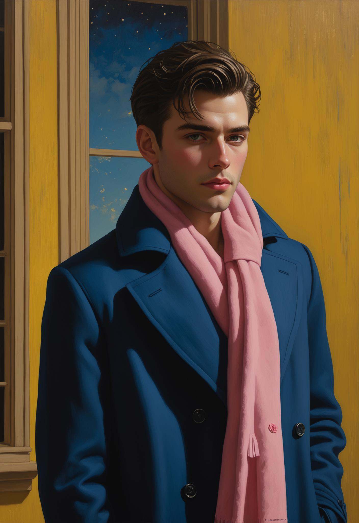 A painting of an elegant man with short hair wearing a blue long coat and pink fur scarf,  in the style of Gottfried Helnw...