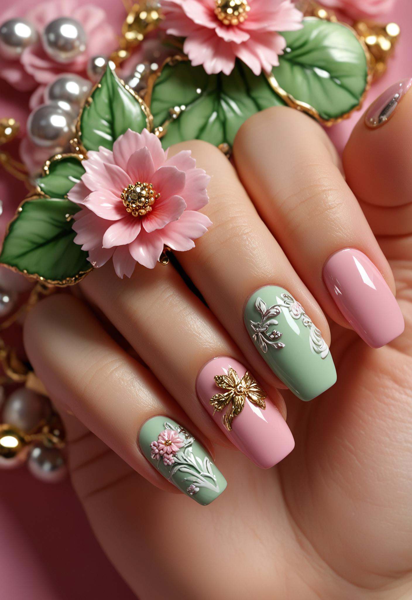 pink flowers with silver ornaments on a pink nail,  in the style of hyper-realistic sculptures,  golden hues on Tensor.Art