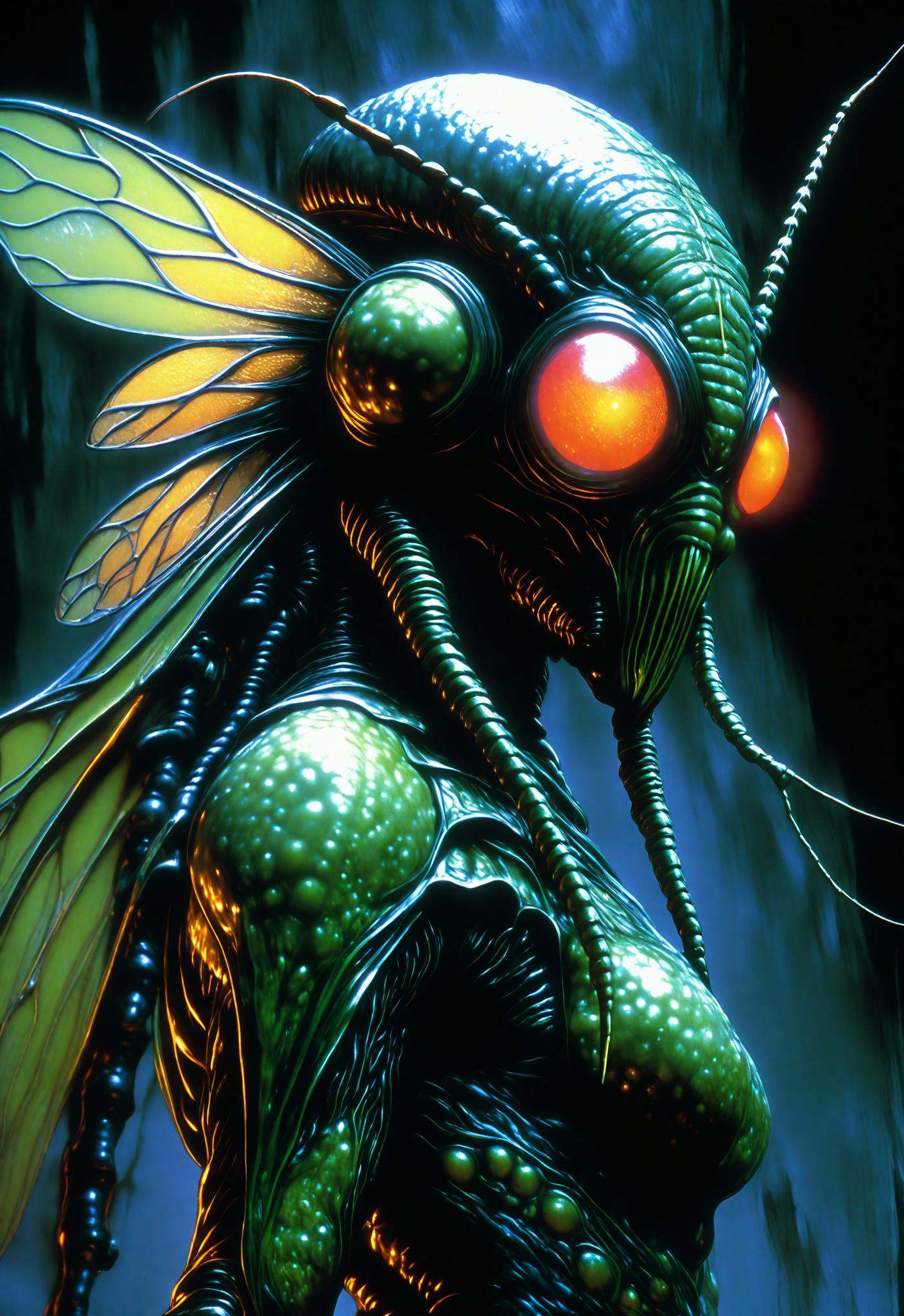 Dvd screengrab,  from 1985 dark fantasy film art,  acid horror film directed by Ryûtarô Nakamura insectoid creature on Ten...