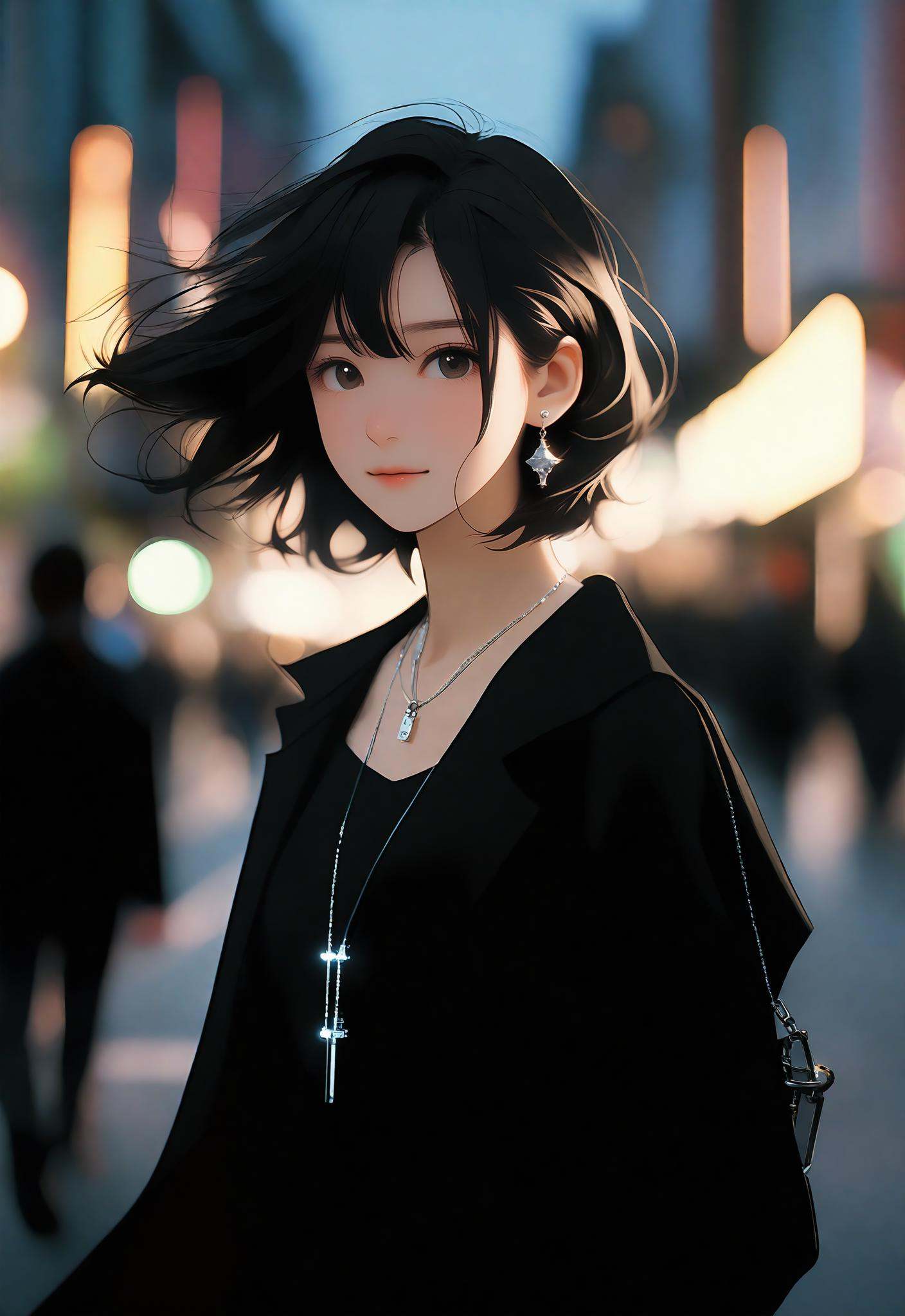 Standing on the street of the city,  The lights are dim,  in Black clothes on Tensor.Art