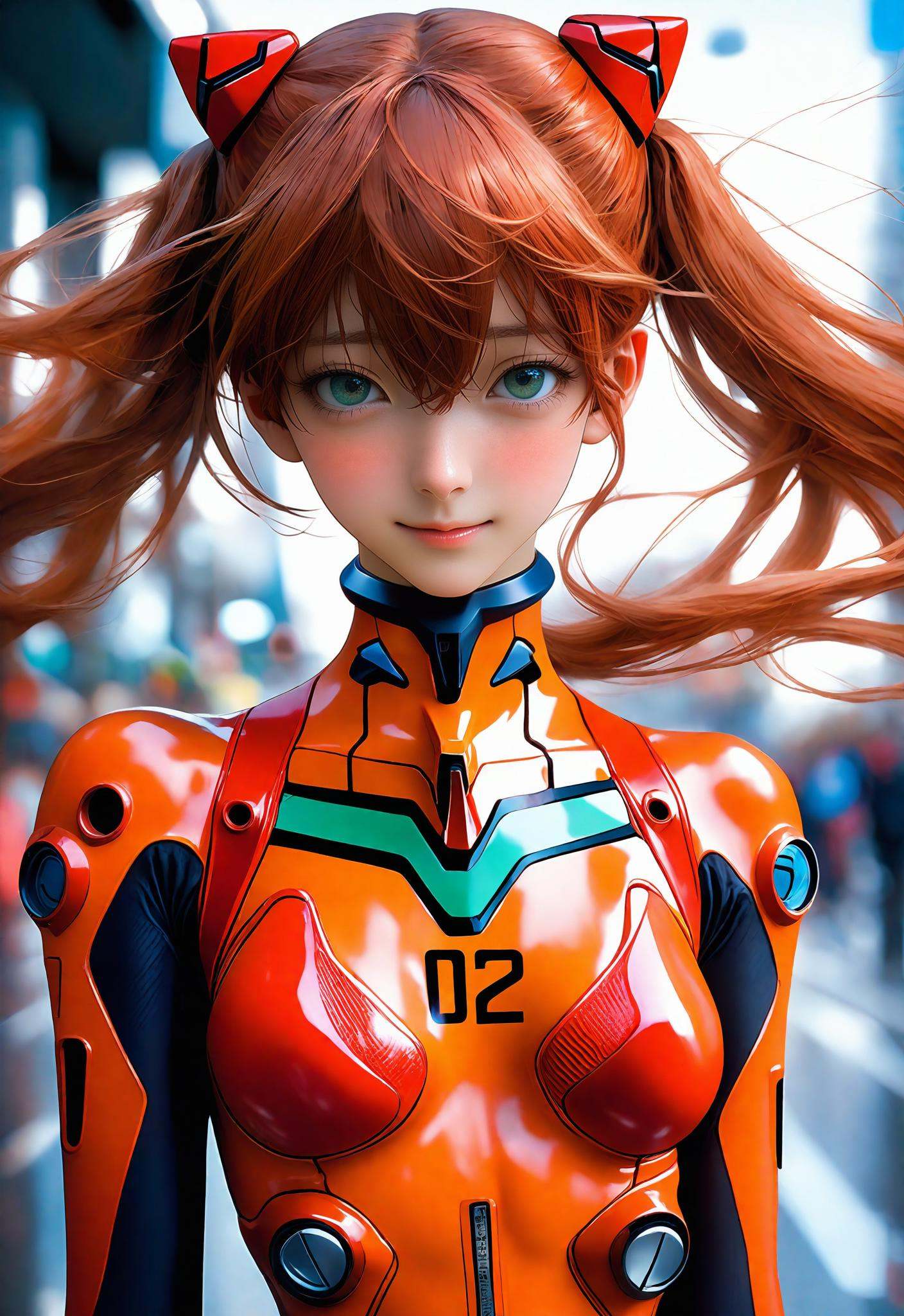 full body real - Live - action adaptation of a 3d character of Asuka Langley Soryu in plugsuit,  charming face,  NeonGenes...