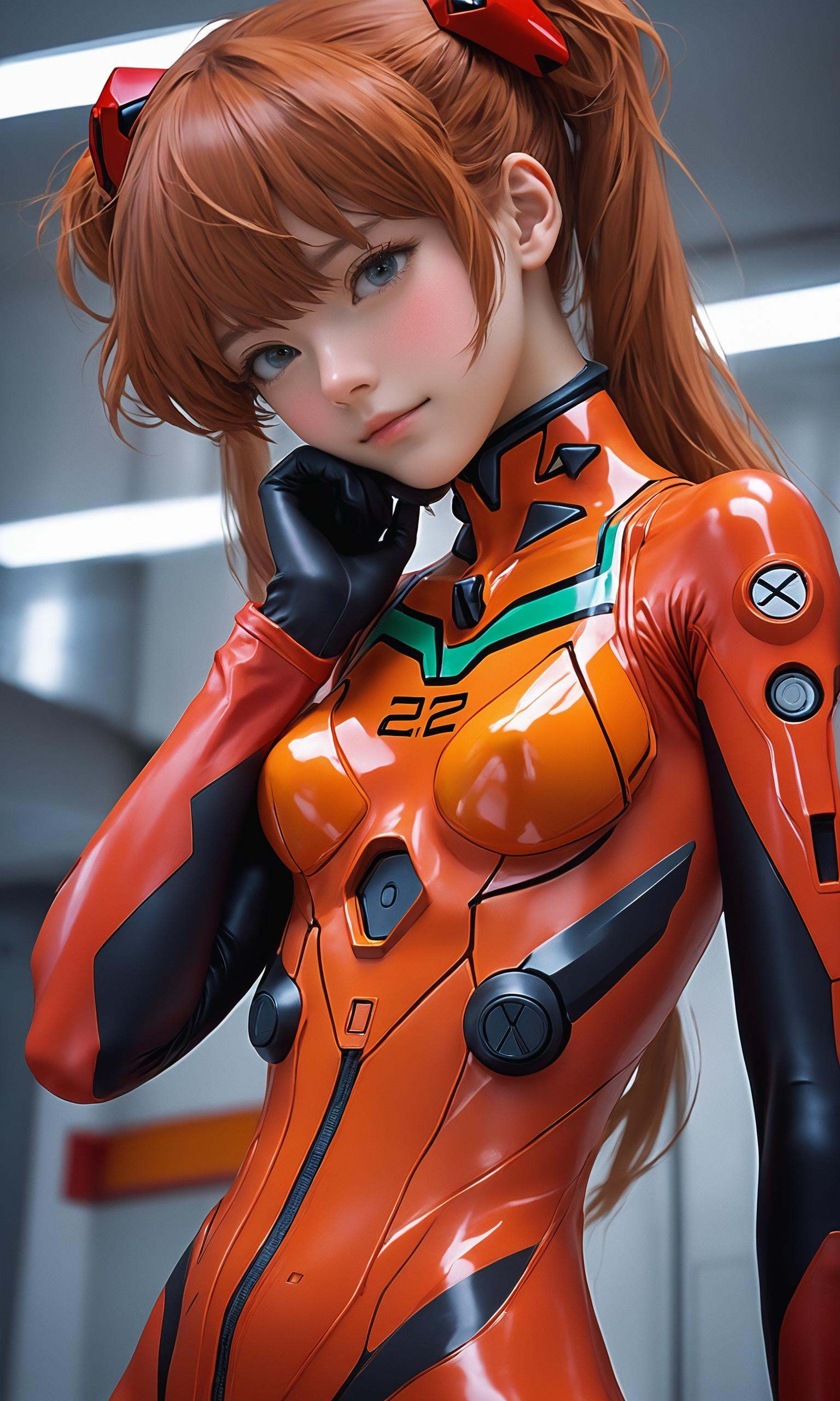 full body real - Live - action adaptation of a 3d character of Asuka Langley Soryu in plugsuit,  charming face,  NeonGenes...