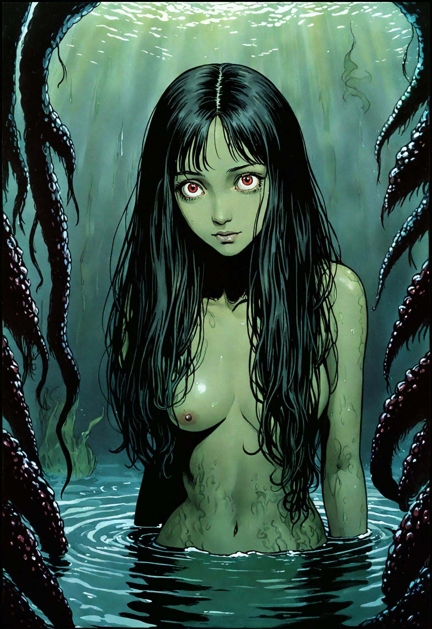 Dvd screengrab,  from 1985 dark fantasy film art,  acid horror film directed by Ryûtarô Nakamura and H. P Lovecraft Mermai...