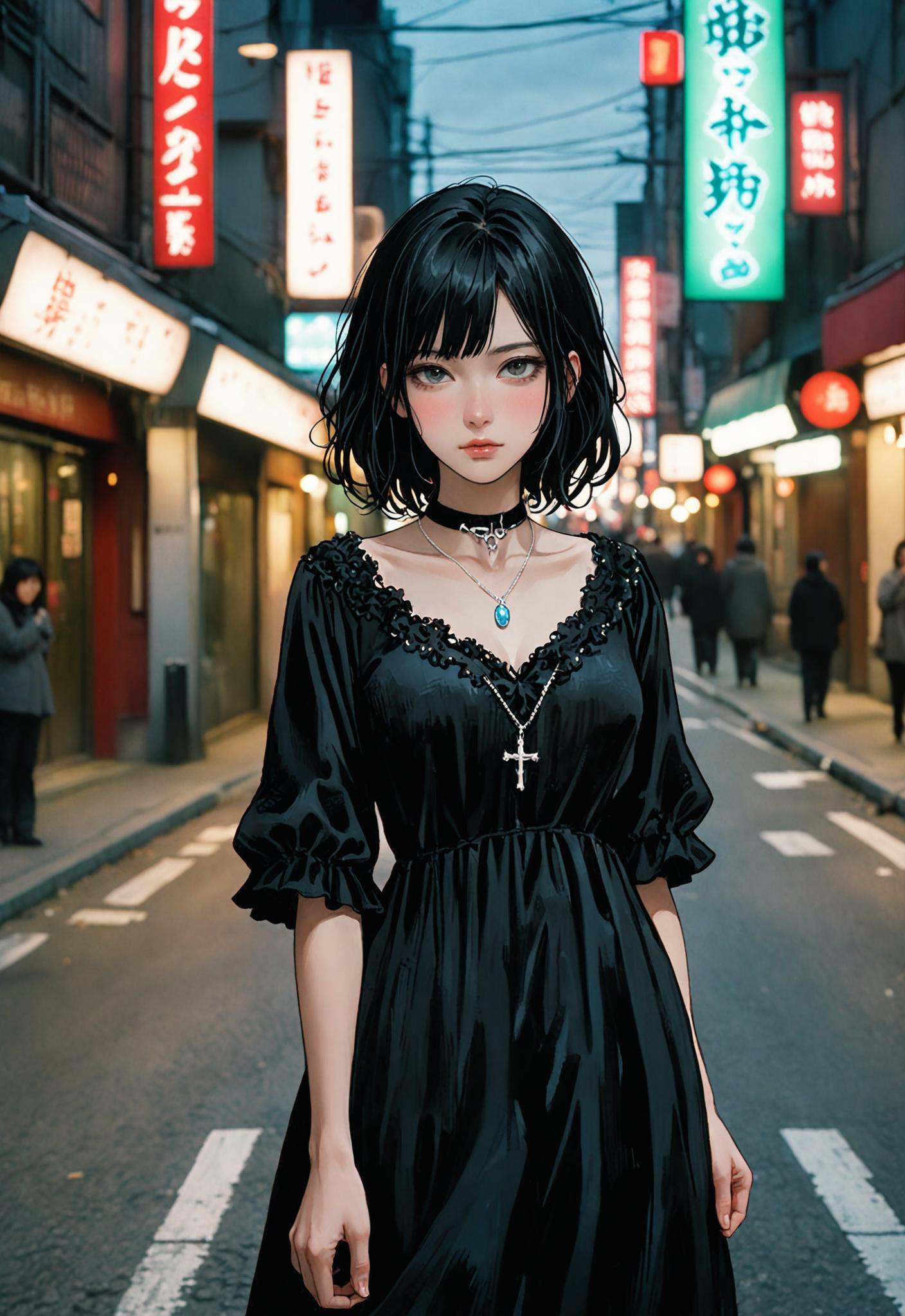 Beautiful Japanese girl,  Standing on the street of the city,  The lights are dim on Tensor.Art