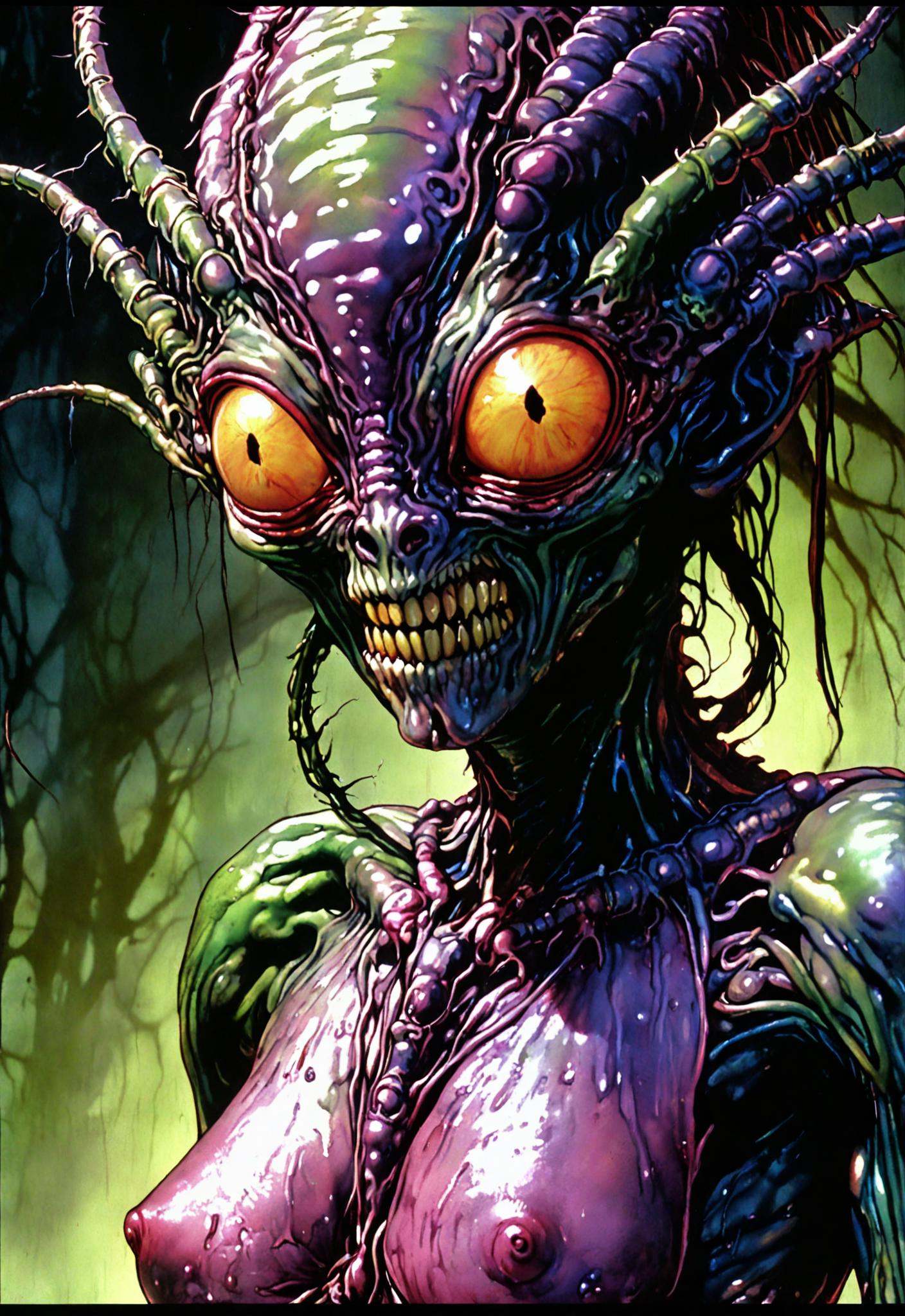 Dvd screengrab,  from 1985 dark fantasy film art,  acid horror film directed by Ryûtarô Nakamura insectoid creature on Ten...