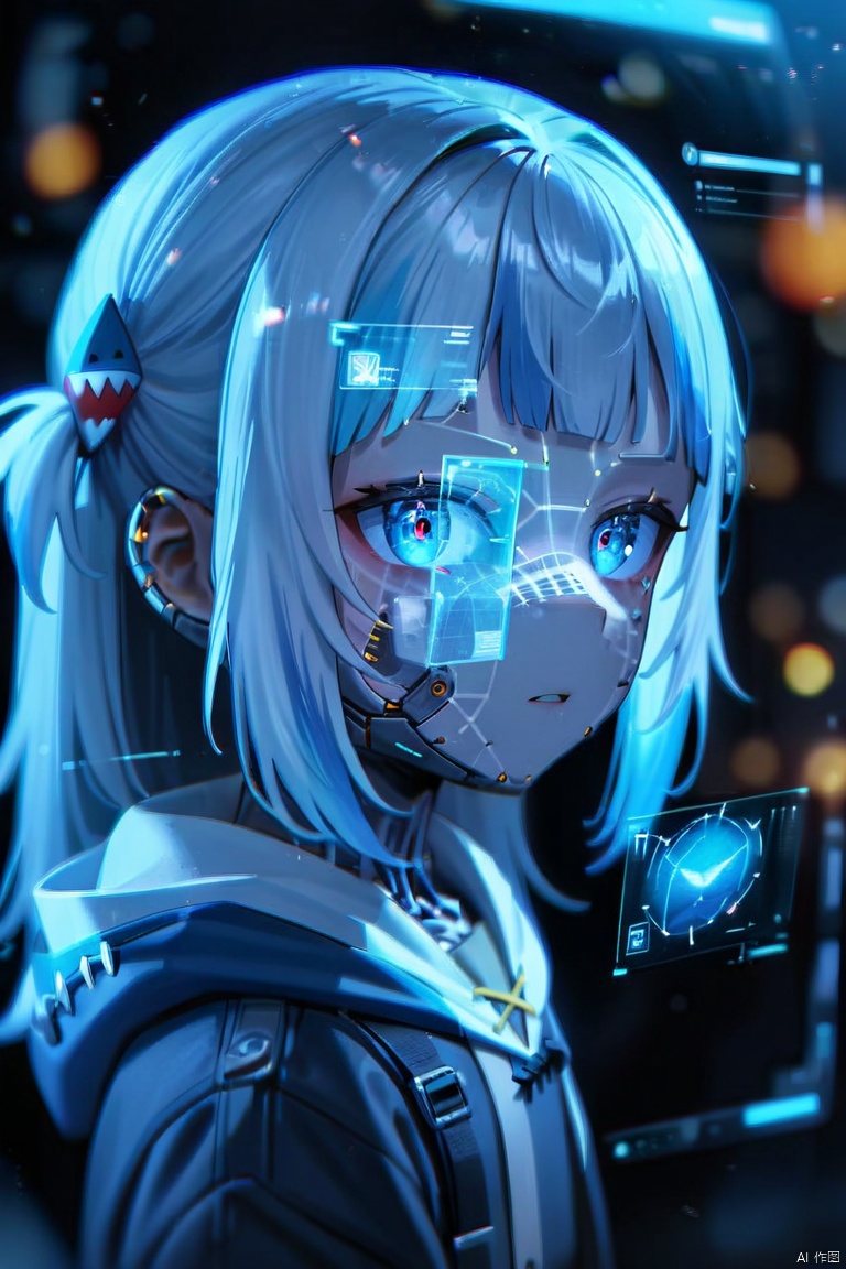 1girl, gawr gura, holographic display, futuristic, holographic face, (hologram:1.2), (UI:0.7), (futuristic:1.2), particles, artificial eye, interface, cyborg, cyberpunk, nodes,