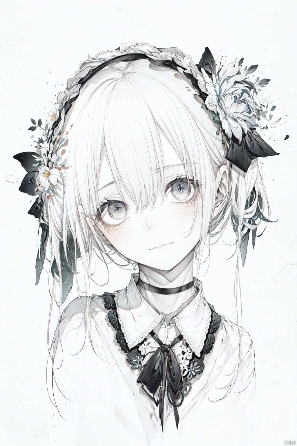  1girl, solo, long hair, looking at viewer, blush, bangs,, hair ornament, ribbon, hair between eyes, twintails, closed mouth, hair ribbon, flower, white hair, hairband, choker, collared shirt, hair flower, head tilt, grey eyes, black ribbon, neck ribbon, black choker, portrait, cropped shoulders,sketch