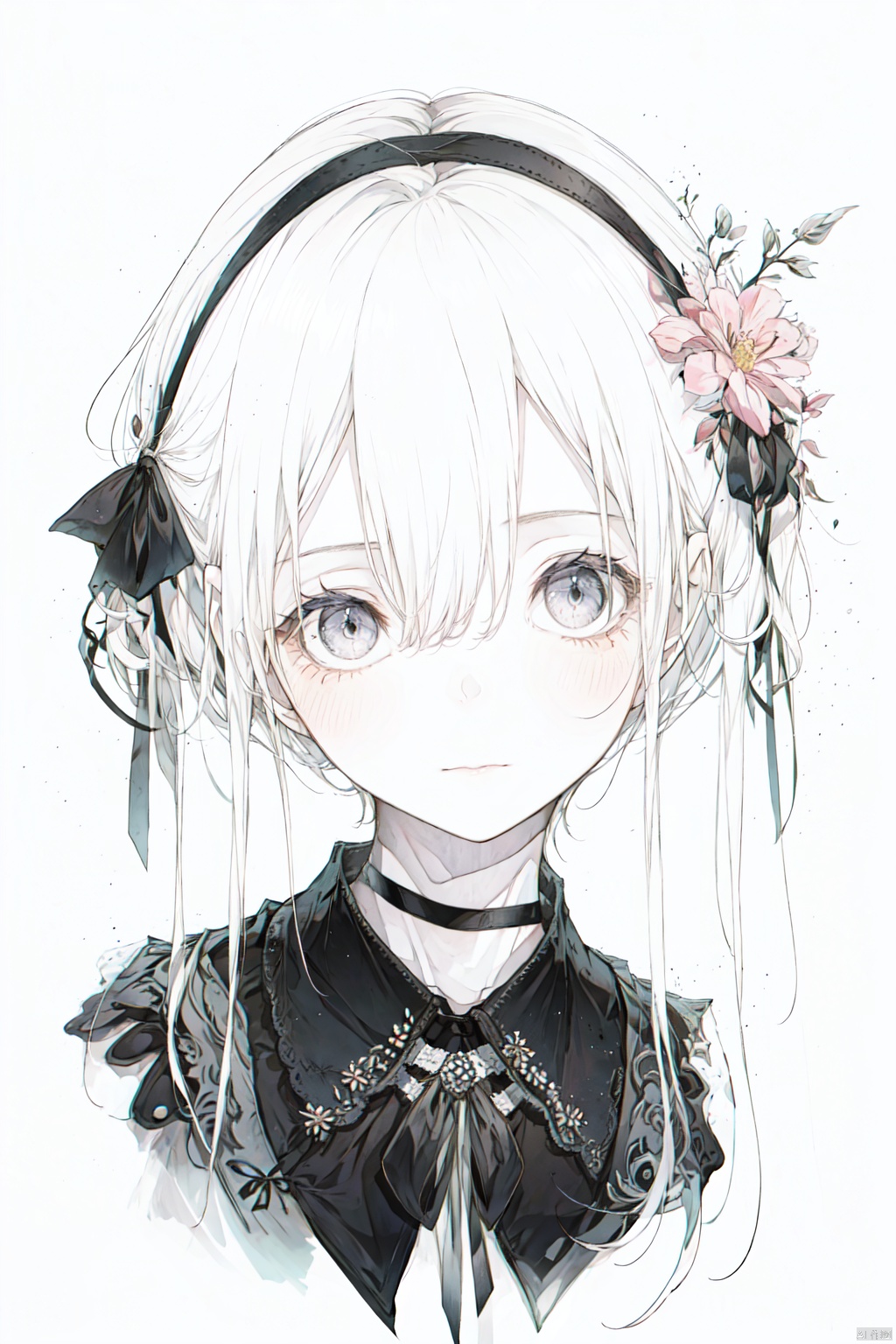 1girl, solo, long hair, looking at viewer, blush, bangs, simple background, hair ornament, white background, ribbon, hair between eyes, twintails, closed mouth, hair ribbon, flower, white hair, hairband, choker, collared shirt, hair flower, head tilt, grey eyes, black ribbon, neck ribbon, black choker, portrait, cropped shoulders,sketch