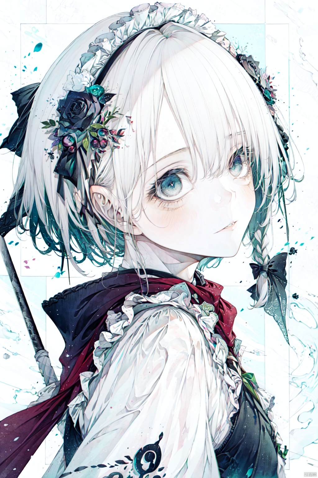 1girl, solo, breasts, looking at viewer, blush, short hair, bangs, blue eyes, hair ornament, bow, ribbon, hair between eyes, medium breasts, hair ribbon, upper body, braid, flower, white hair, hair bow, frills, parted lips, choker, hair flower, scarf, twin braids, from side, looking to the side, grey eyes, maid headdress, petals, eyelashes, black ribbon, rose, black choker, green bow, red scarf, green ribbon, black flower, black rose, izayoi sakuya