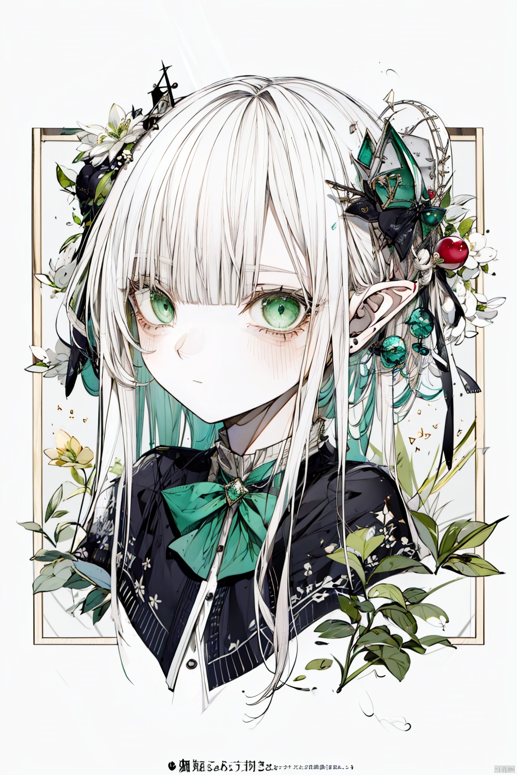  [(white background:1.4)::4], solo, traditional media, sketch, (wooden border:1.32),
solo, 1girl, elf, (chibi:1.3),
green eyes, (white hair), (long hair), (blunt bangs), floating hair, green gradient hair,
frilled shirt, black bowtie, long sleeves, white capelet,
upper body, (cropped torso),
looking at viewer, expressionless,
white background, fantasy, aster, garden, green leaves, fflogo