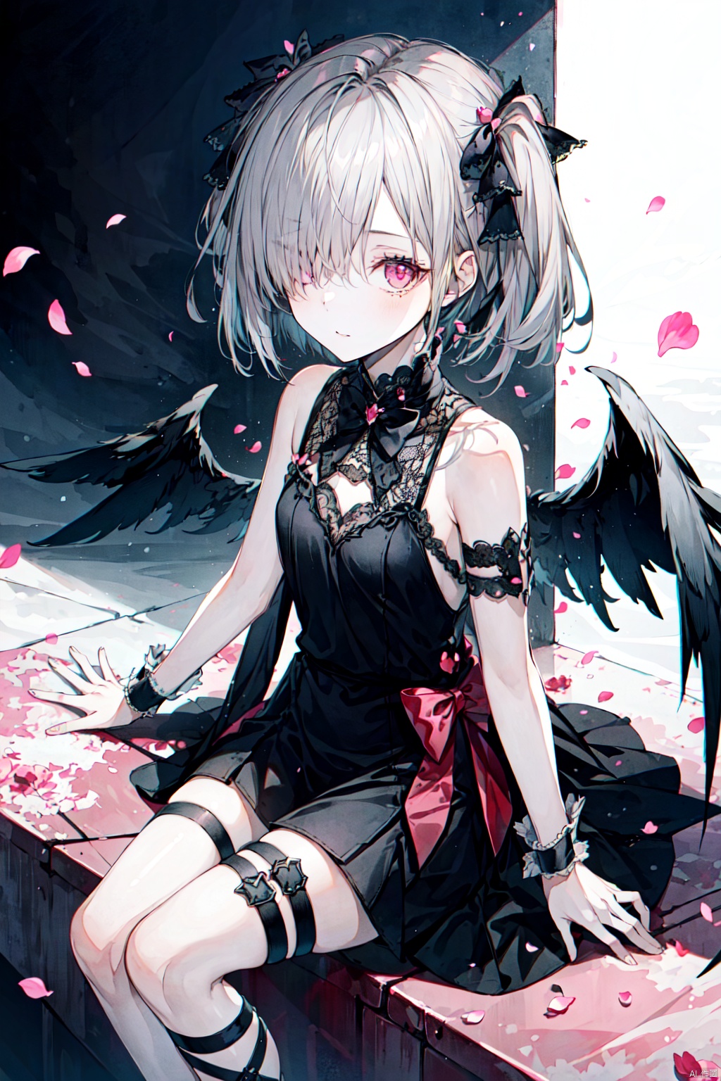 1girl, dress, solo, black dress, sitting, wings, black bow, looking at viewer, hair bow, bow, thigh strap, sleeveless dress, short hair, wrist cuffs, sleeveless, hair over one eye, two side up, bare shoulders, petals, small breasts, pink eyes, breasts, grey hair