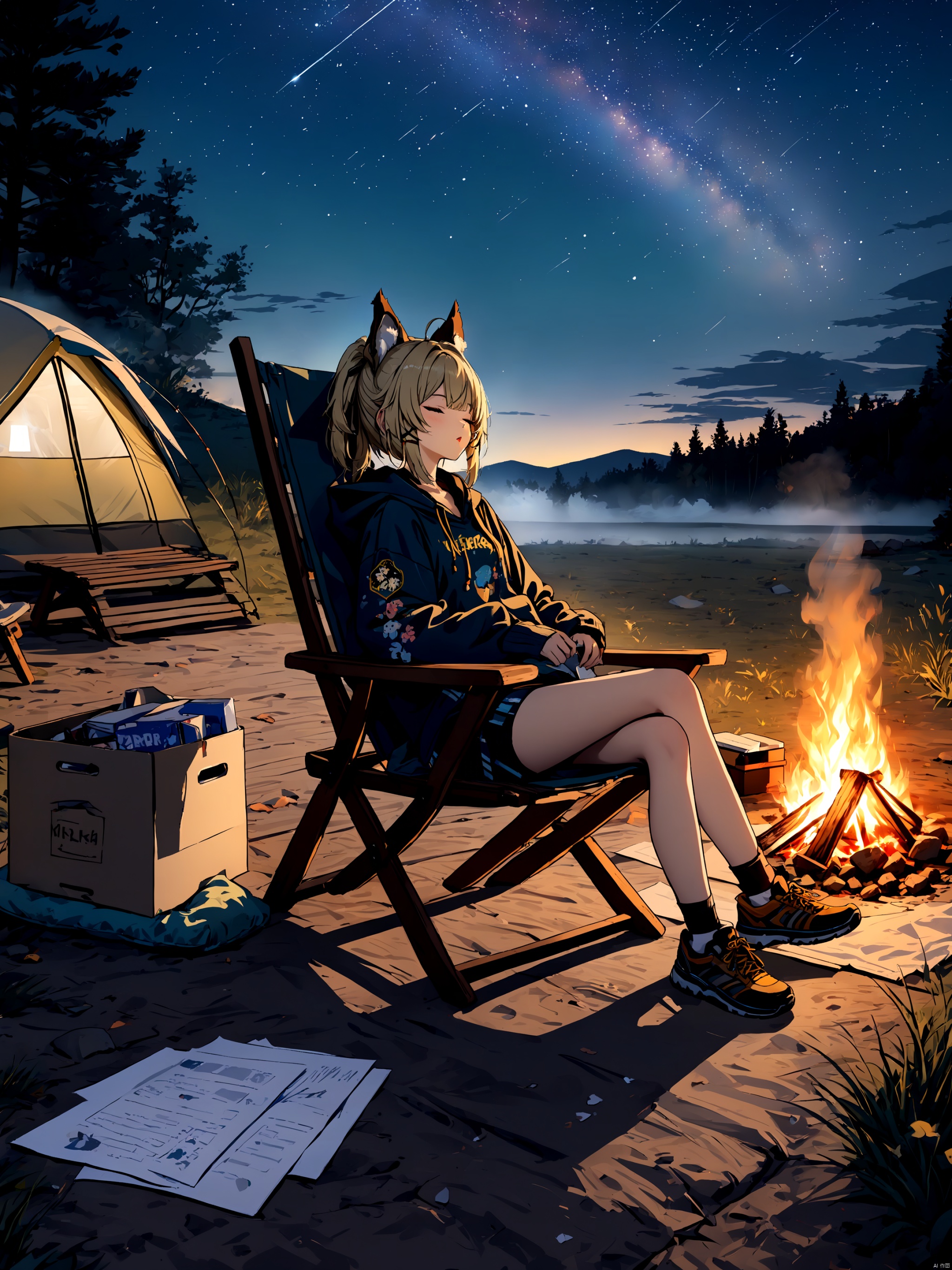 1girl,Kirara,hoodie,camping,camp fire,leaning back in wooden chair,sleeping,mouth open,full body,beautiful,cute,bloom,evening,milky way,stars,paper boxes,atmosphere fog,masterpiece,extremely detailed,best quality,very aesthetic