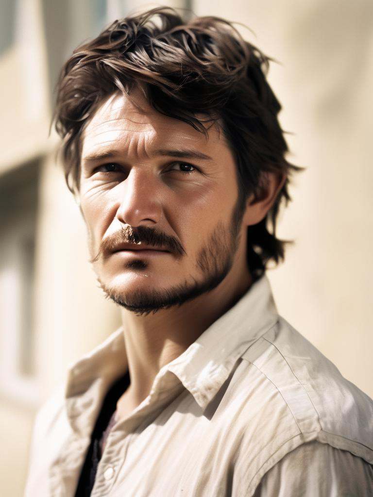 portrait photo of an unshaven Pedro Pascal from The Last of Us,  in a unbuttoned white summer shirt,  outside light on Ten...