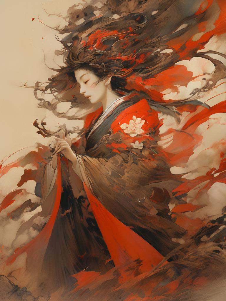 an image with a character on an island,  in the style of kawacy,  dark bronze and red on Tensor.Art
