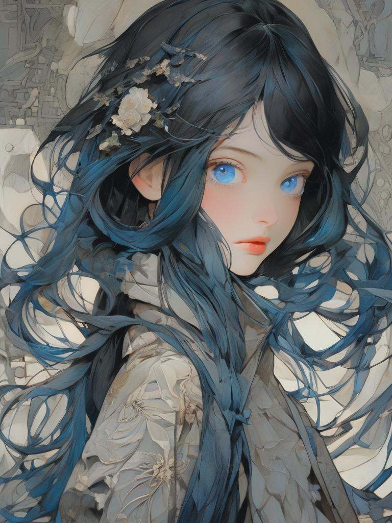 young women :blue eyes :black hair :highly detailed :deconstructivism style on Tensor.Art