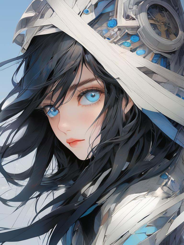 young women :blue eyes :black hair :highly detailed :deconstructivism style on Tensor.Art