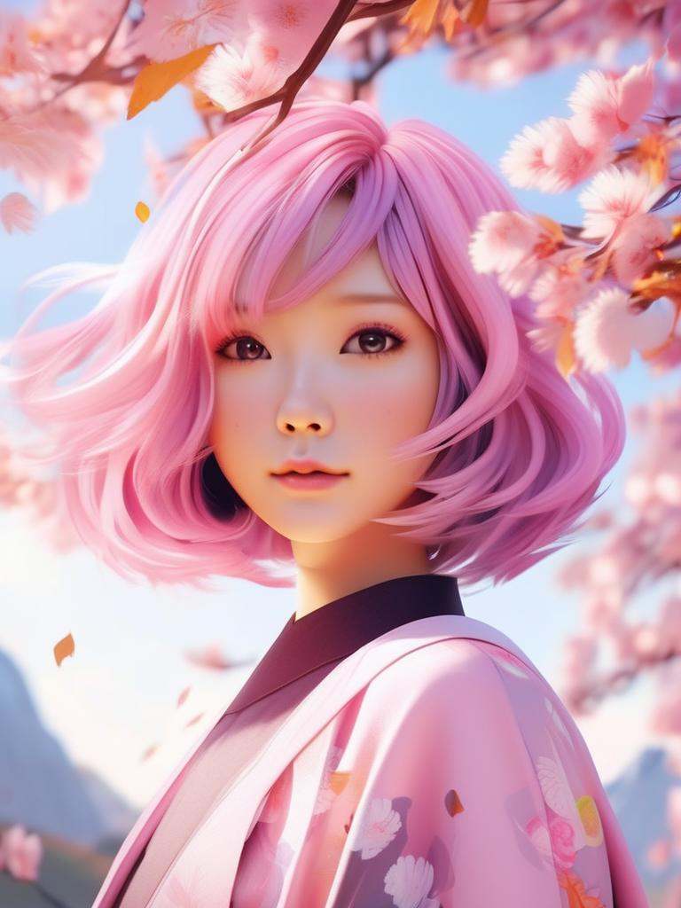 Asian woman stands under sakura,  cute face,  pink hair on Tensor.Art