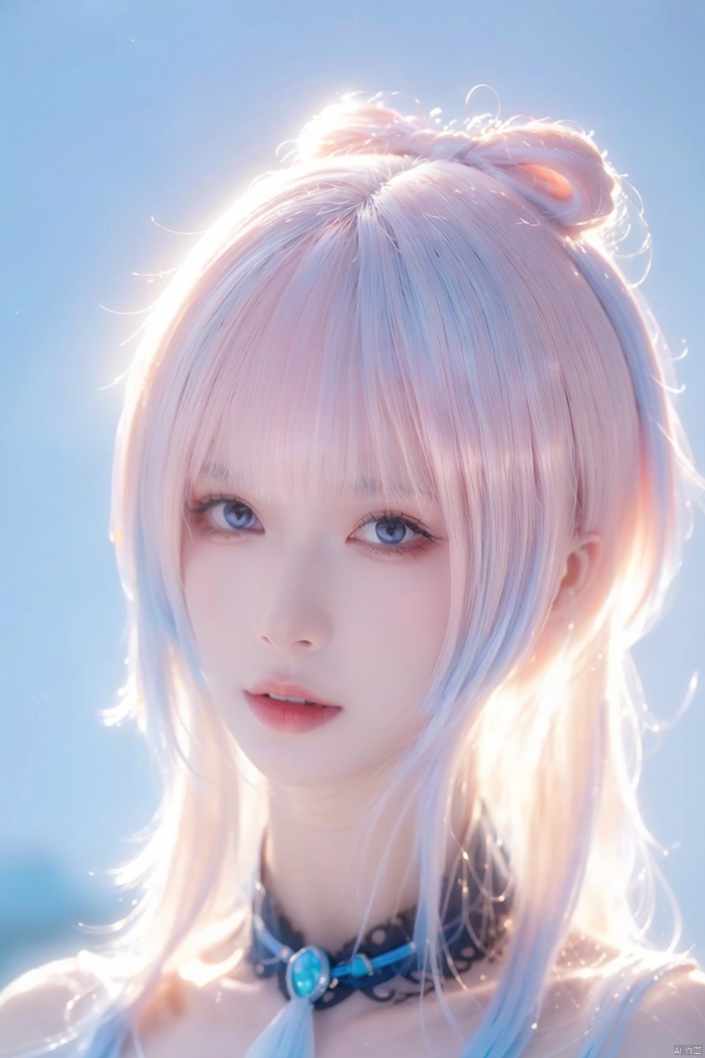  Masterpiece, (ultra wide angle lens: 1.2), Unity8k wallpaper, best quality, (detail shadow: 1.1), a beautiful girl, on a sea of light blue silk, translucent silk, floating light blue silk, surrealist style, minimalism, highly detailed texture, light blue, white clean background, CG rendering, light passing through clouds, 8k resolution, (motion photo: 1.2), (Fidelity: 1.4), original photos, movie lighting, 1girl, keqing, xinhai
