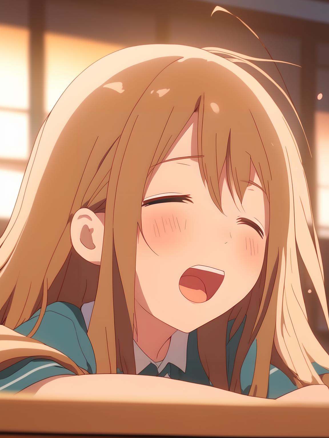 cute anime girl,  2d,  high school girl sitting in class yawning from sleep on Tensor.Art