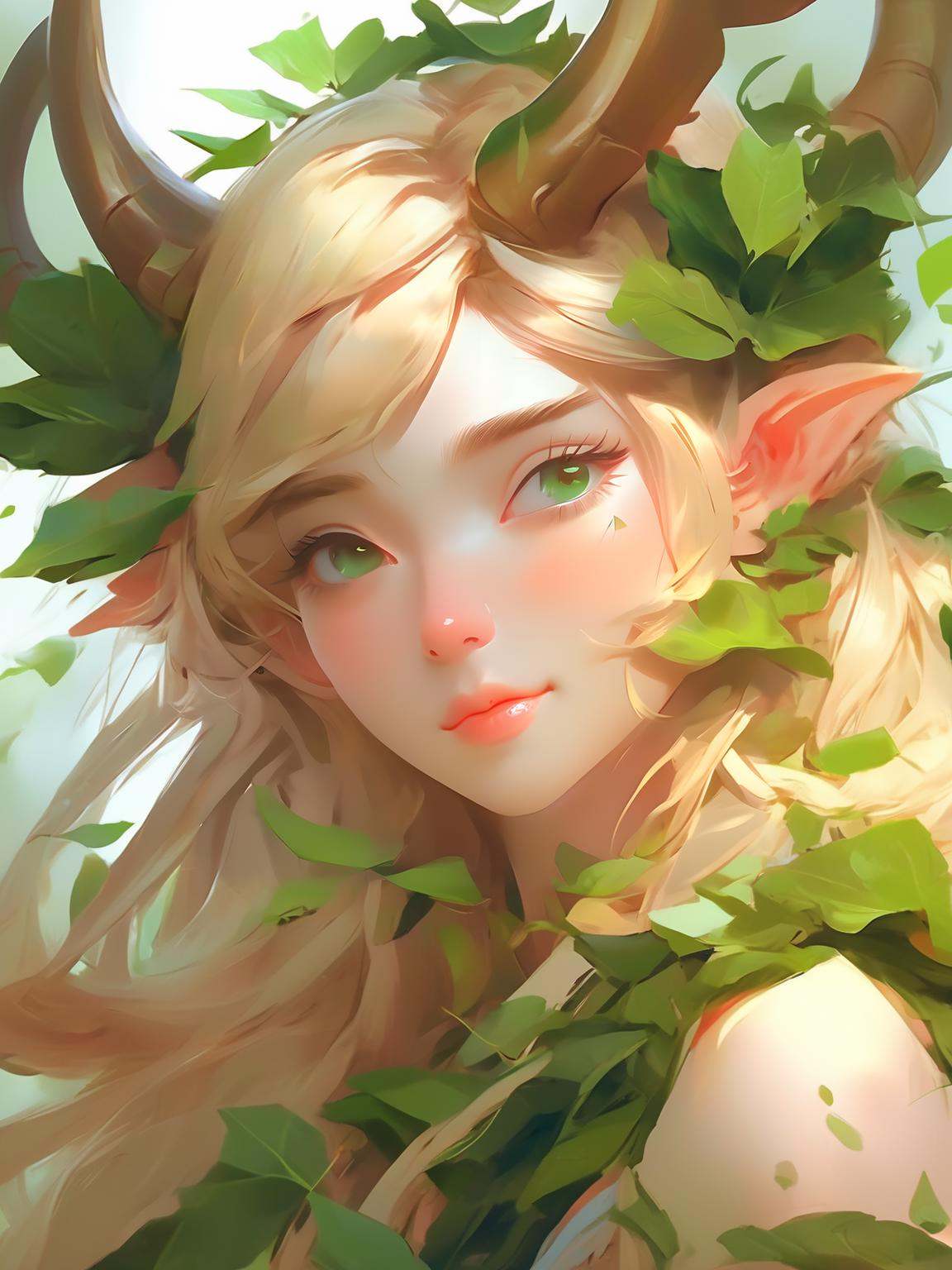blond haired girl with horns and green leaves on her head,  detailed digital anime art,  loish and wlop on Tensor.Art