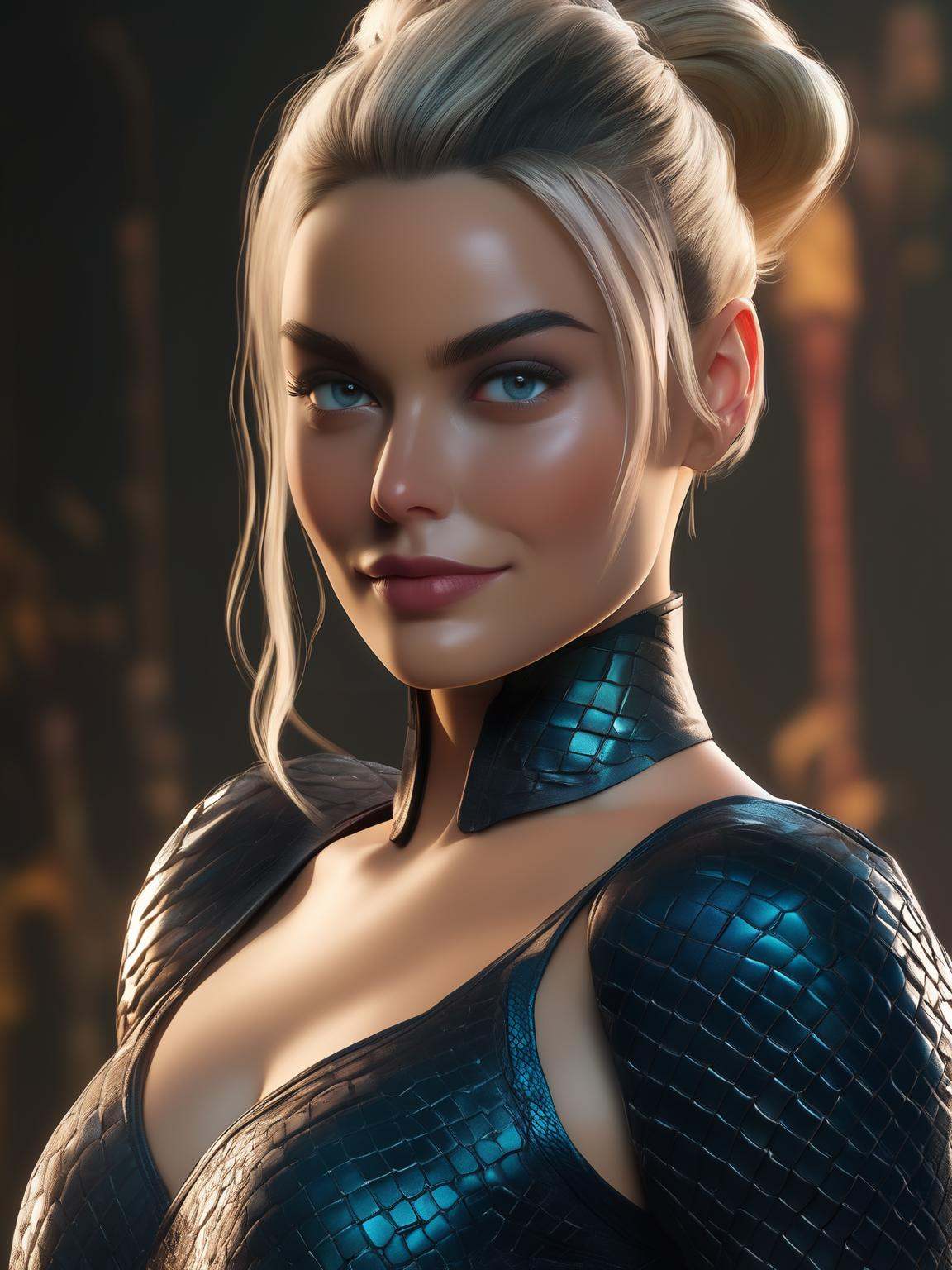 A full body shot of actress Margot Robbie as Khameleon from Mortal Kombat,  black leather high heels,  female ninja on Ten...