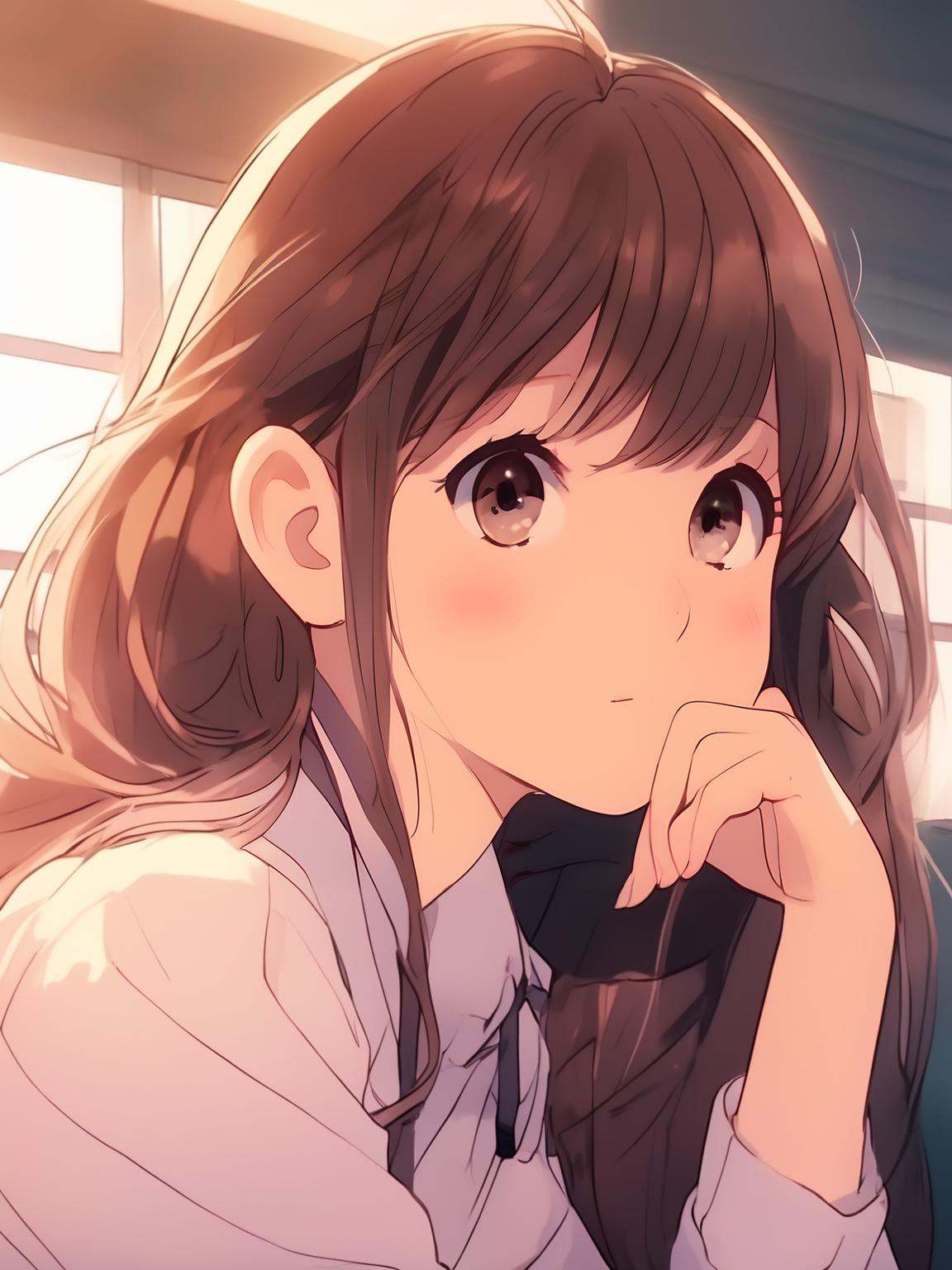 cute anime girl,  2d,  high school student girl sitting in class with her hands on her chin boring looking out the window...