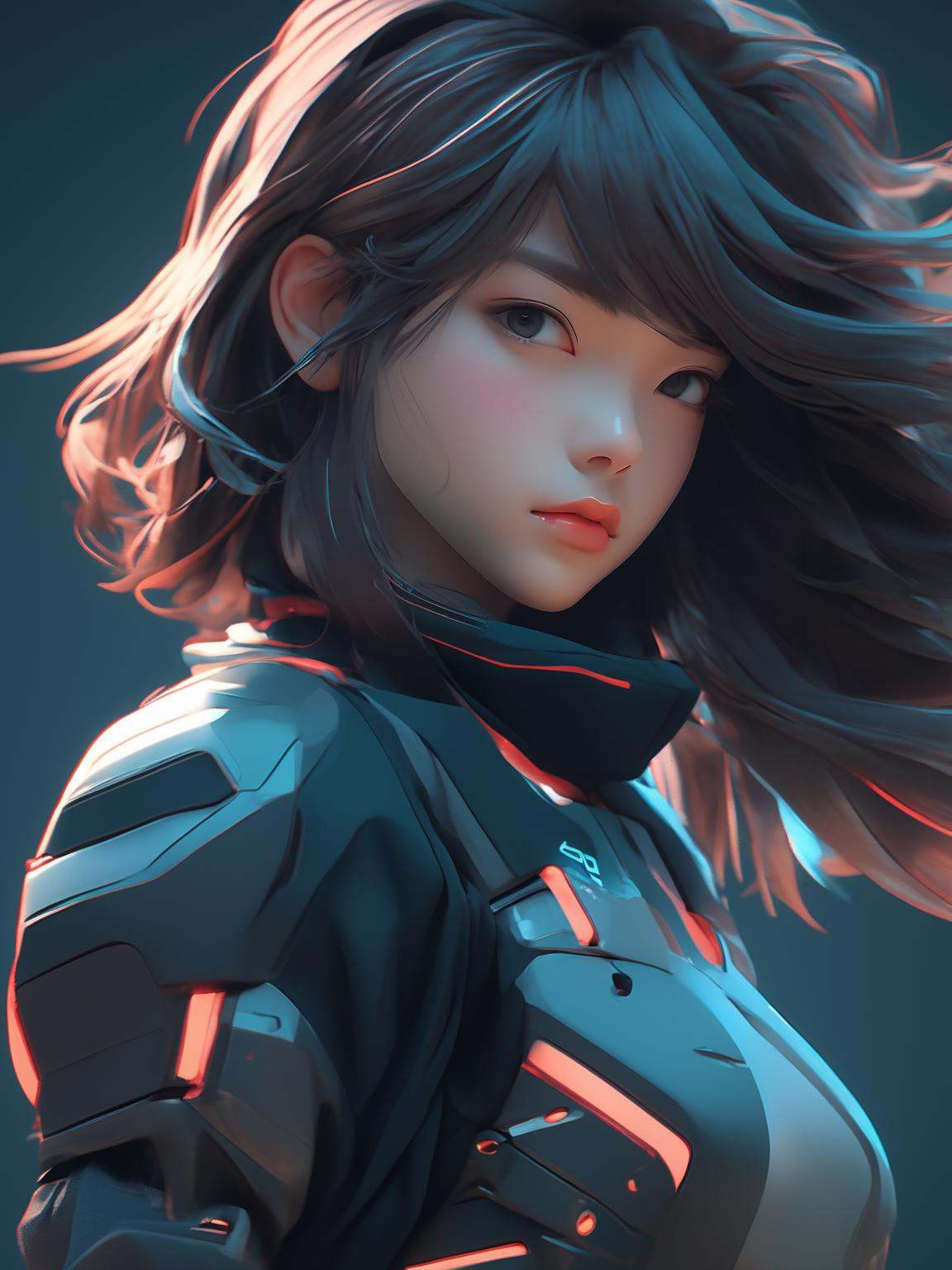 Girl Strong demeanor Long hair Pretty face Dynamic body language 4K resolution Detailed facial features Deep gray backgrou...