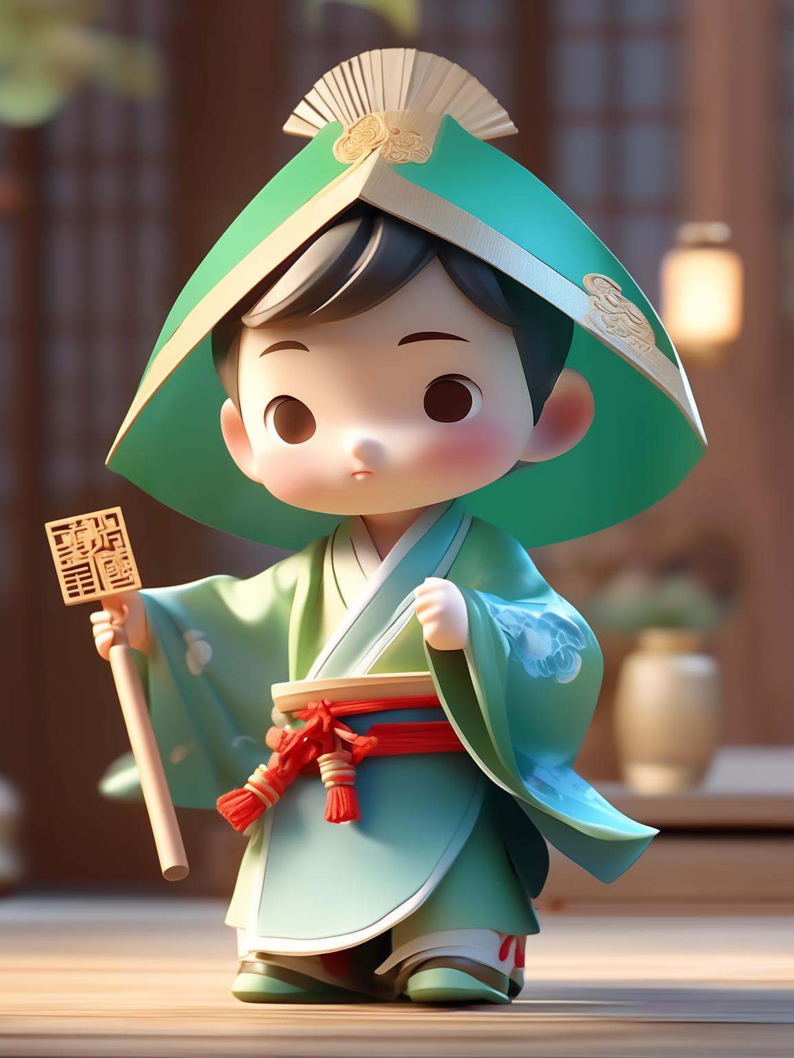 Chinese wind blind box design,  a cute boy wearing traditional male silk clothing,  wearing boots on the feet on Tensor.Art