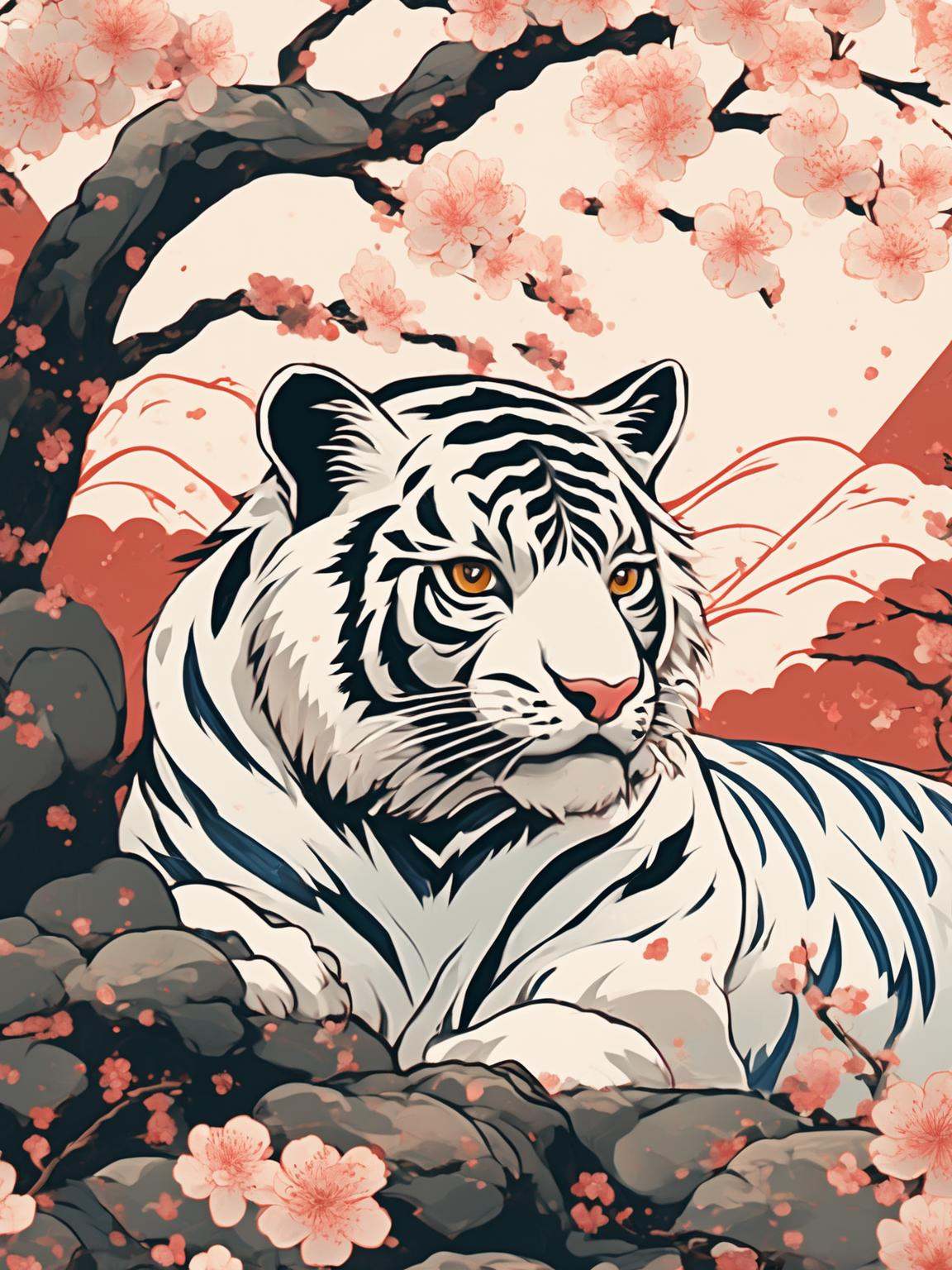 Anime retro japanese artwork,  traditional japanese white tiger surrounded by vintage japanese elements,  cherry blossom t...