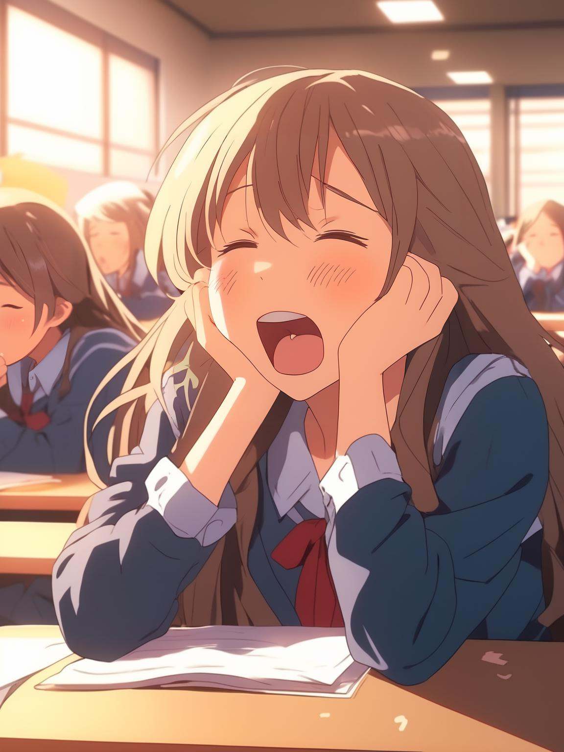 cute anime girl,  2d,  high school girl sitting in class yawning from sleep on Tensor.Art