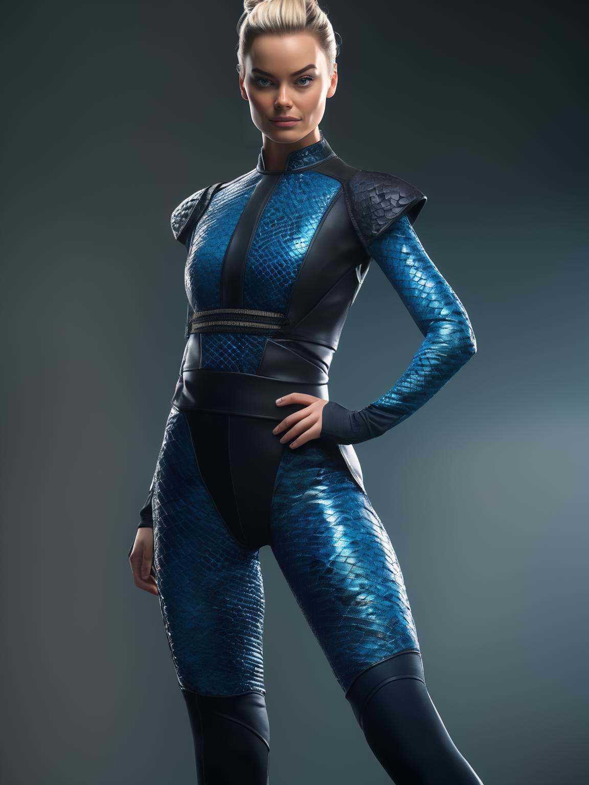 A full body shot of actress Margot Robbie as Khameleon from Mortal Kombat,  black leather high heels,  female ninja on Ten...