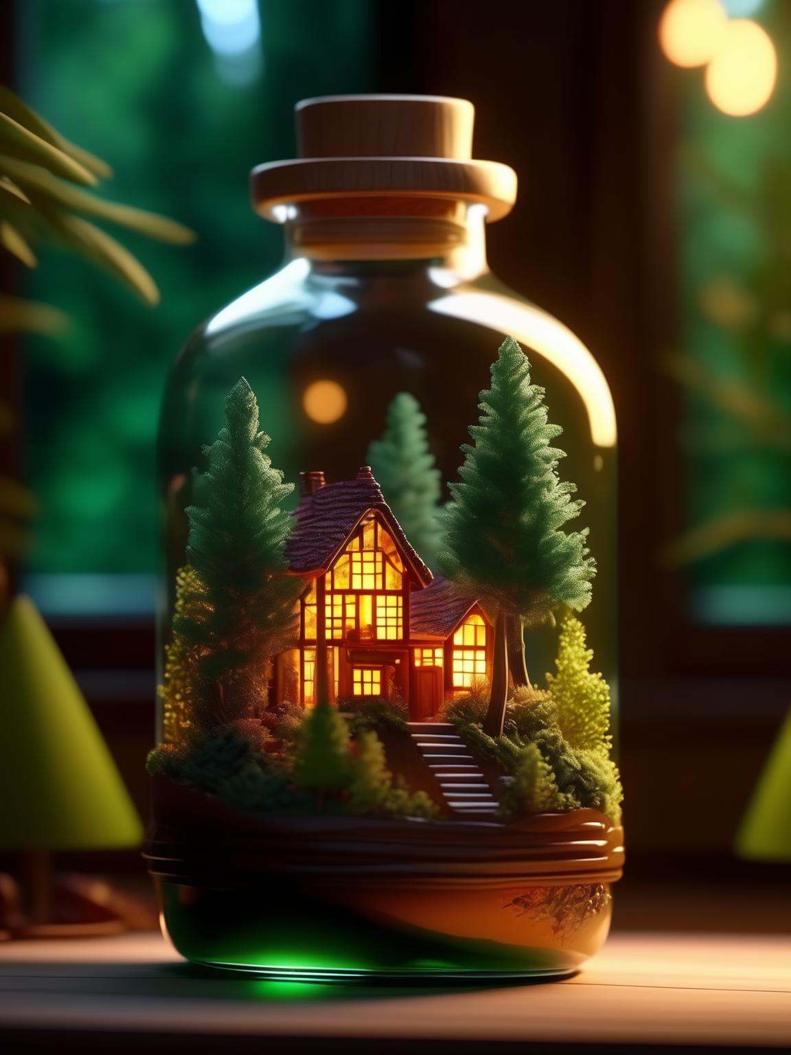 (An intricate forest minitown landscape trapped in a bottle),  atmospheric oliva lighting,  on the table on Tensor.Art
