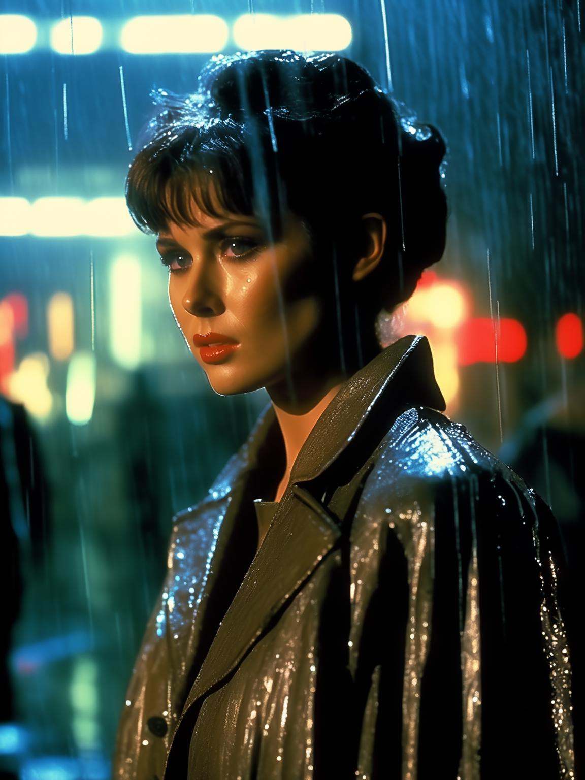 1girl detailed face sad coat dress blade runner rain 1984 dvd film,  ( masterpiece,  realistic on Tensor.Art