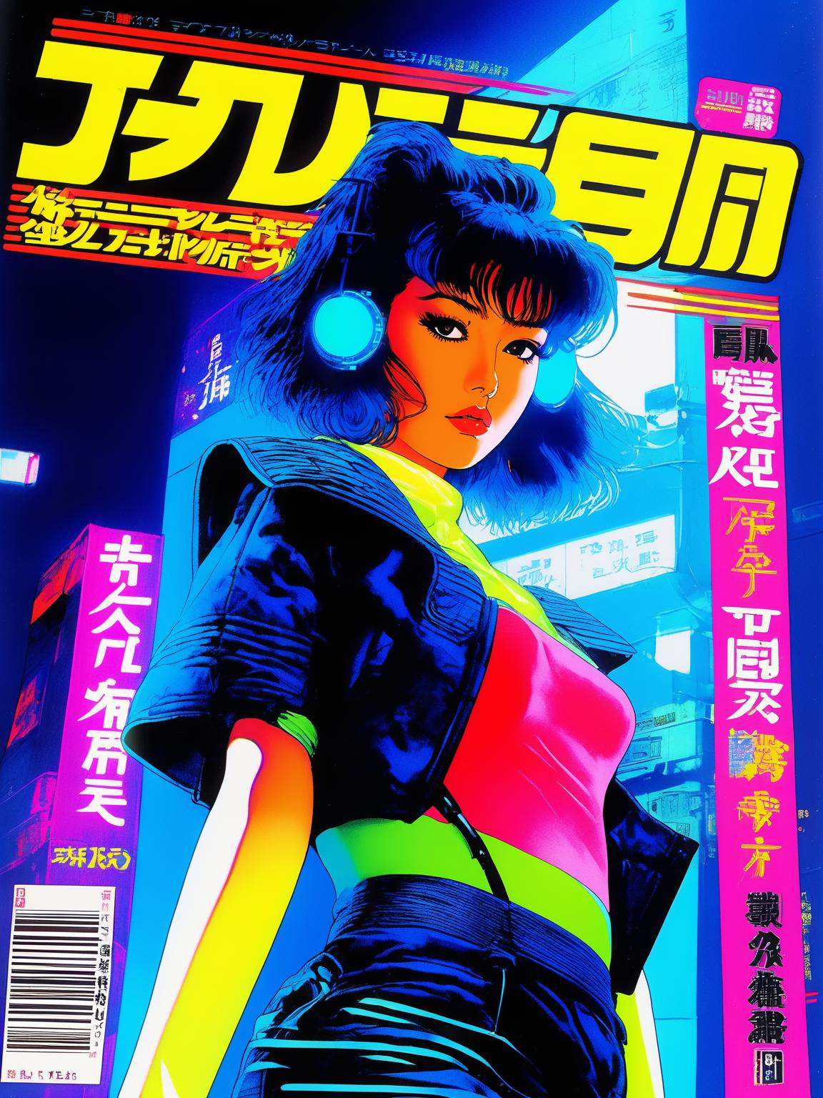 1980s neon cyberpunk anime girl,  Japanese magazine cover,  blade runner aesthetic on Tensor.Art