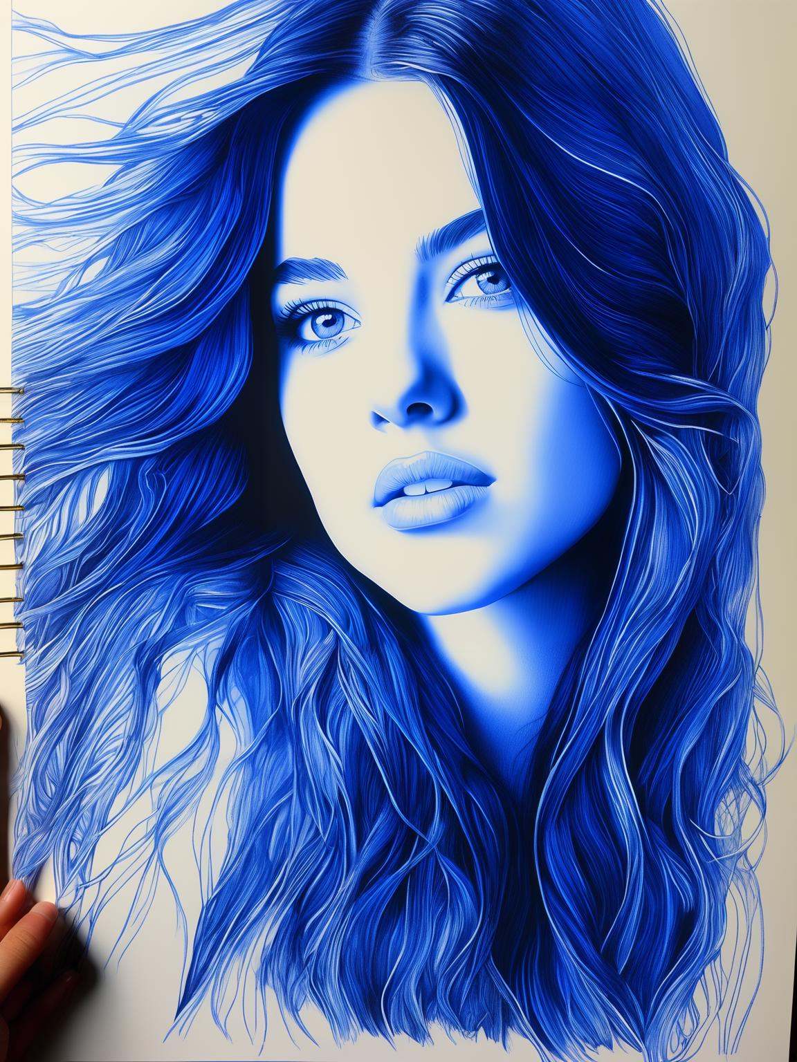 Blue color Bic pen drawing of a pretty girl with long hair on Tensor.Art