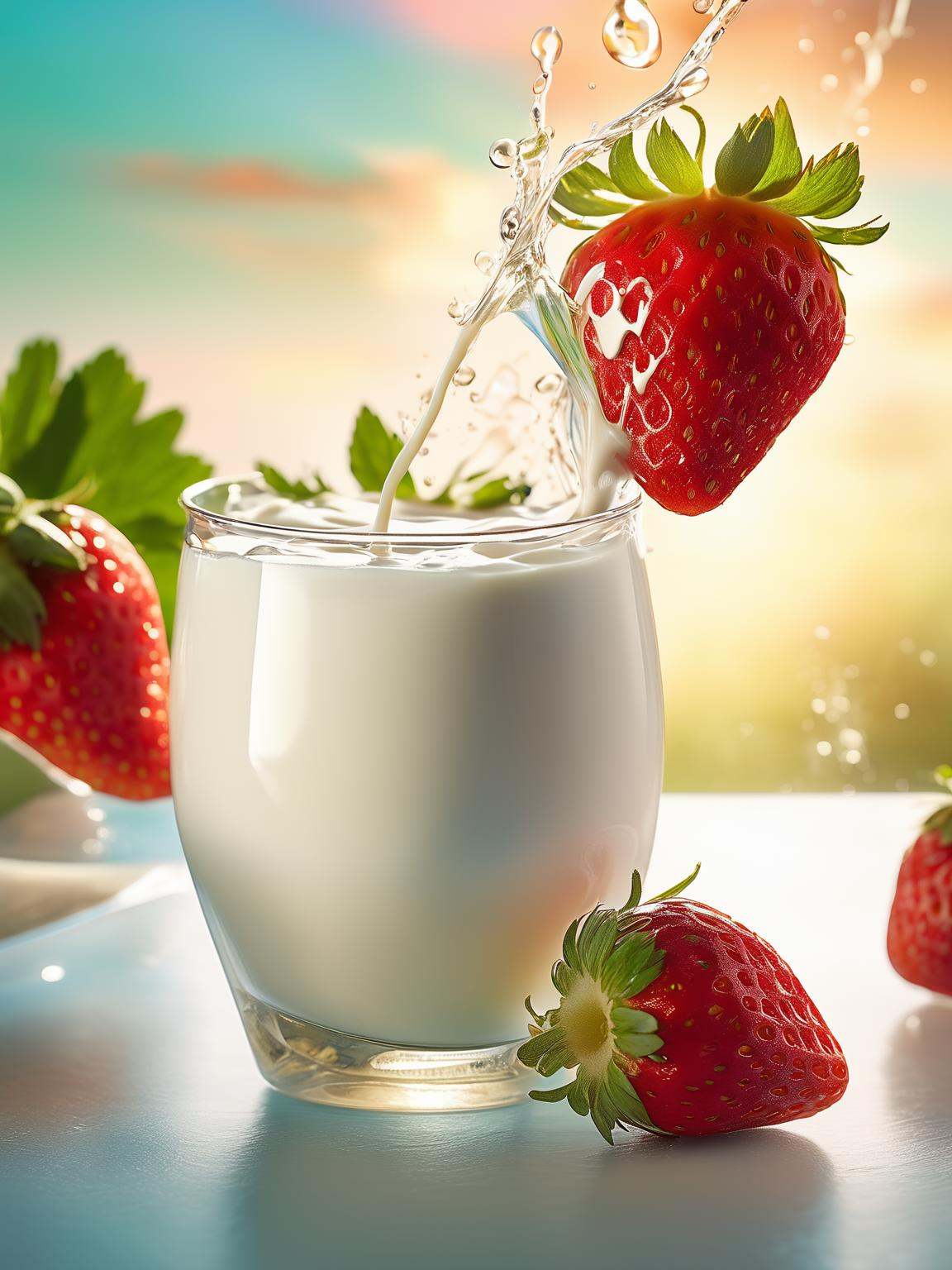 of ,  product photography of a strawberries fall into a glass of milk,  intricate on Tensor.Art