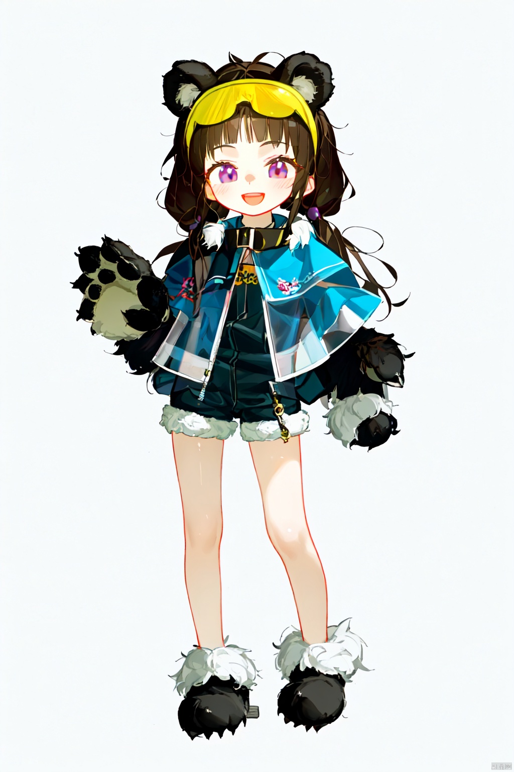 （（1girl））,1girl, solo, long hair, looking at viewer, smile, open mouth, bangs, simple background, brown hair, black hair, gloves, white background, animal ears, twintails, purple eyes, full body, shorts, barefoot, blunt bangs, see-through, fur trim, eyewear on head, animal hands, multicolored eyes, paw gloves, bear ears, feet