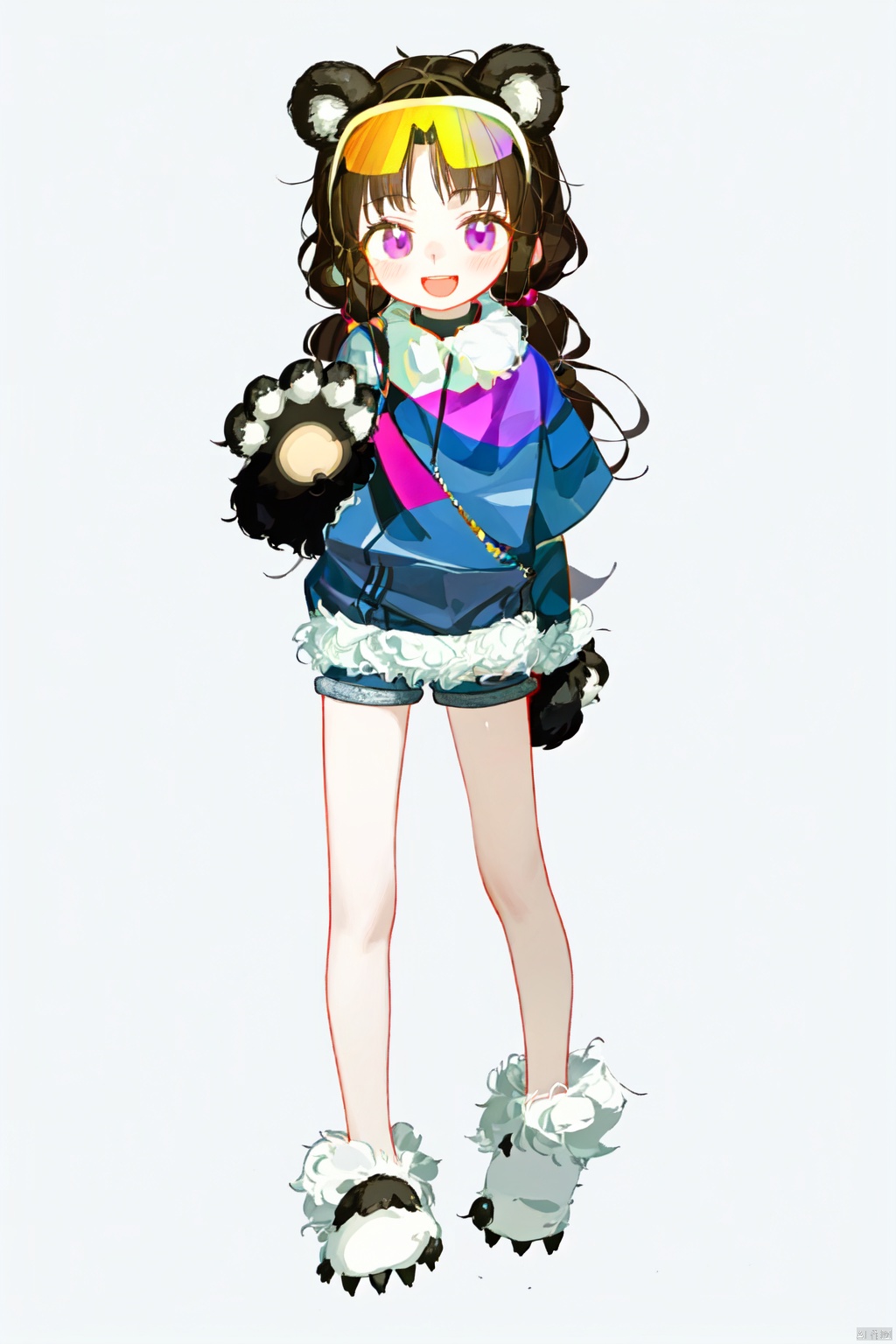 （（1girl））,1girl, solo, long hair, looking at viewer, smile, open mouth, bangs, simple background, brown hair, black hair, gloves, white background, animal ears, twintails, purple eyes, full body, shorts, barefoot, blunt bangs, see-through, fur trim, eyewear on head, animal hands, multicolored eyes, paw gloves, bear ears, feet